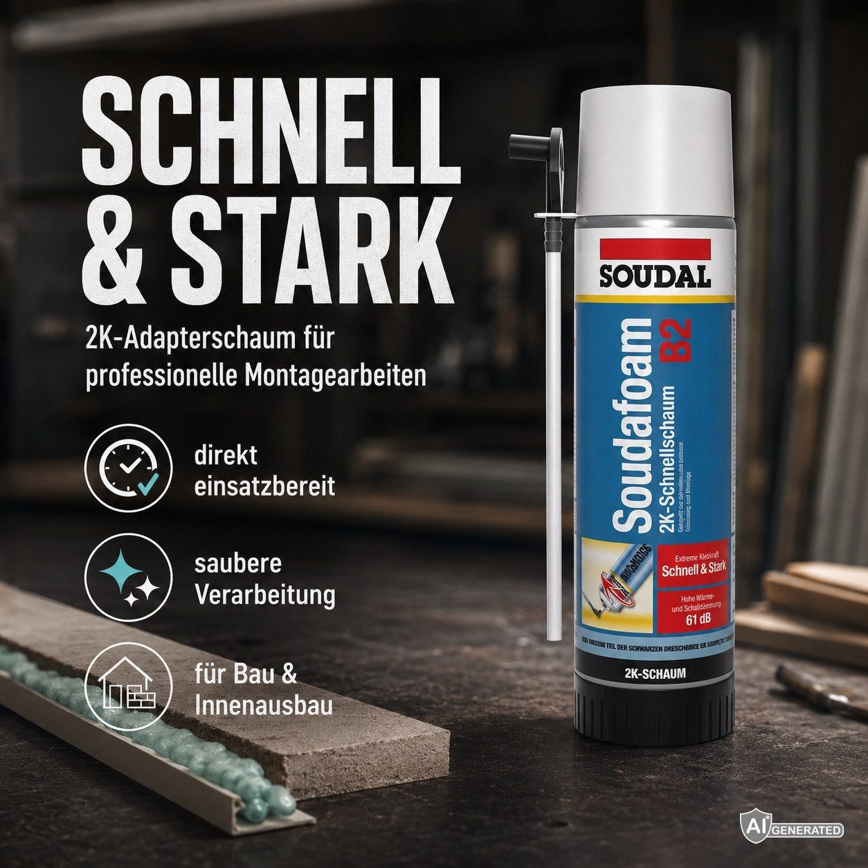 SOUDAL Montagekleber Soudafoam 2K B2 Adapterschaum, (1-tlg), 2K PU-Montageschaum – Schnelle Aushärtung – Ideal für Türen & Fenster