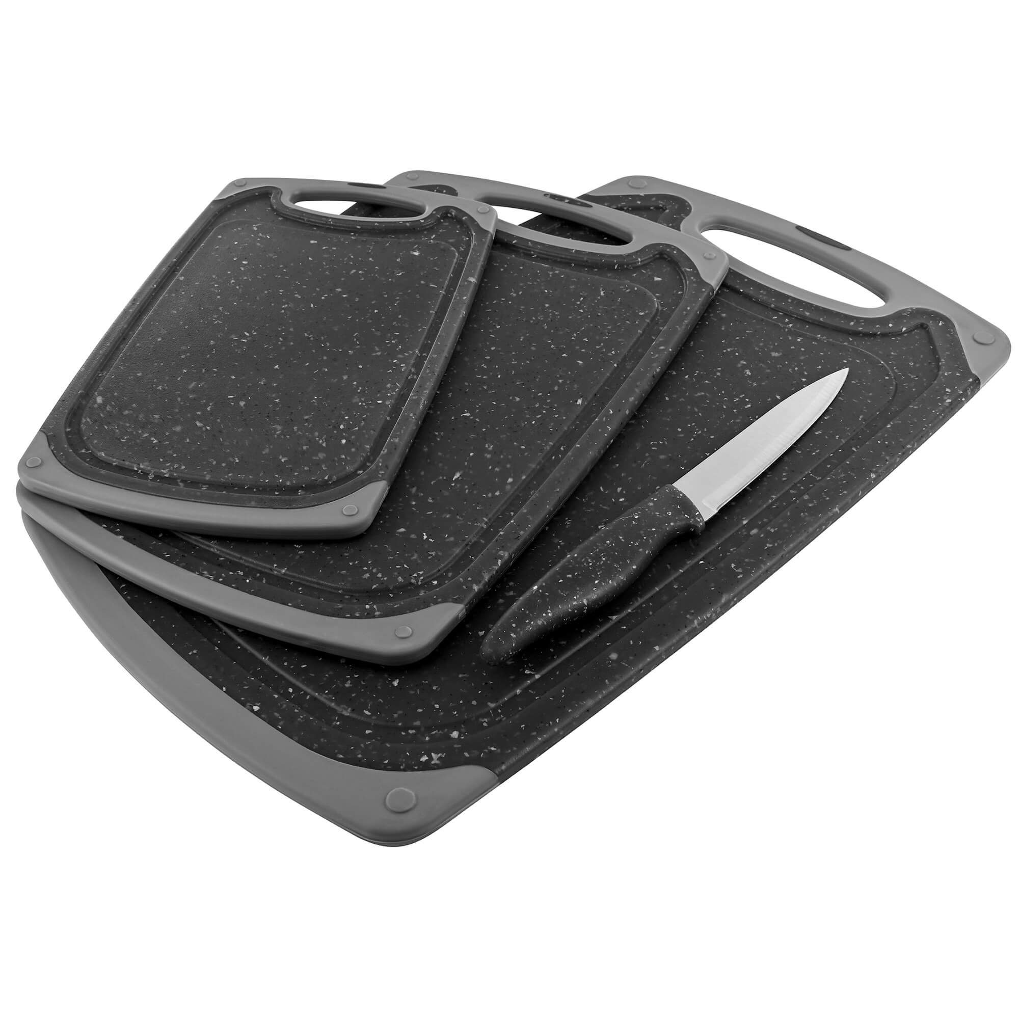 GRÄWE Schneidebrett Schneidebrett-Set, 4-teilig, inkl. Messer, Granit-Look