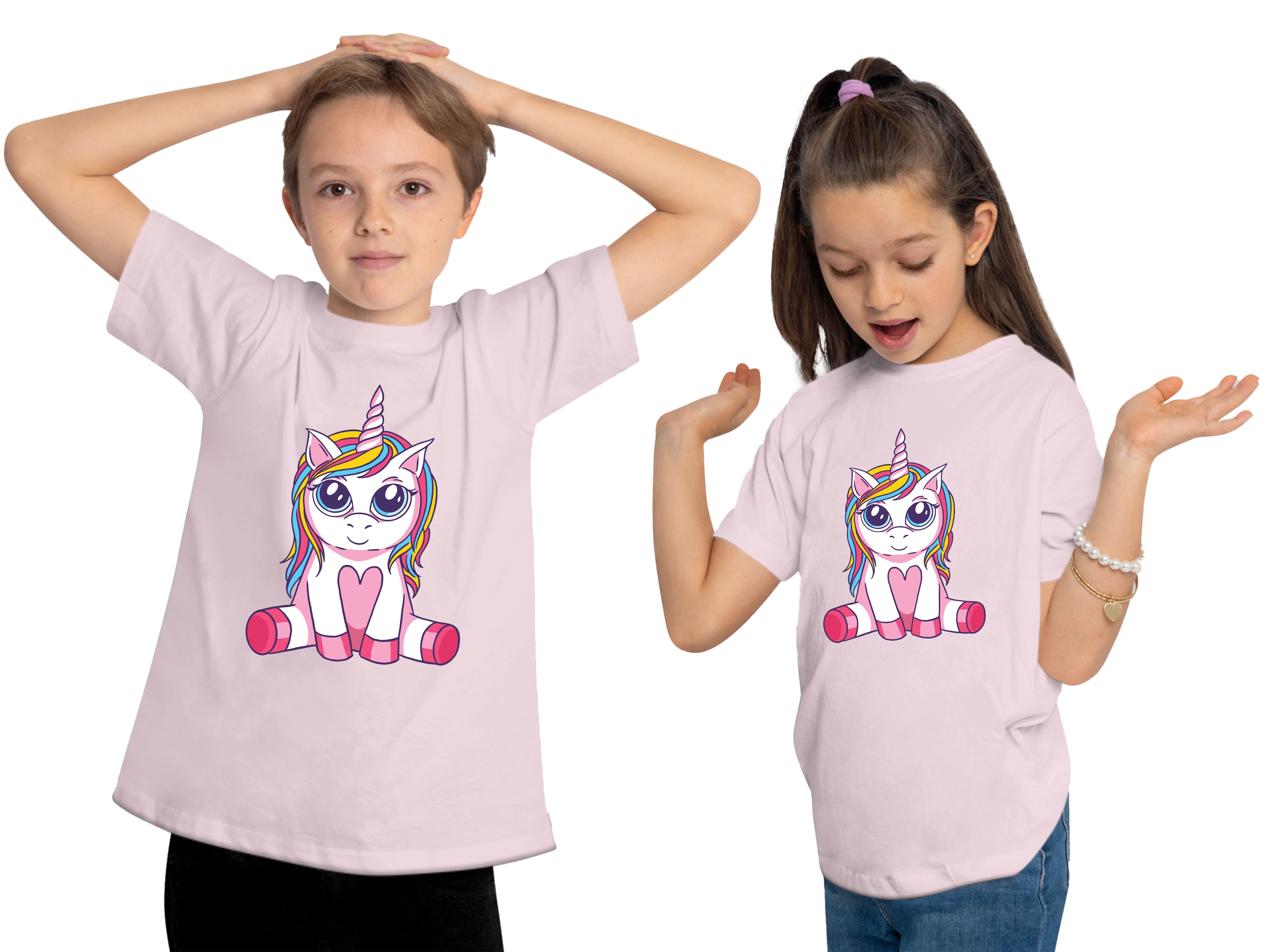 Einhorn Aufdruck, mit Print bedruckt T-Shirt rosa Kinder - MyDesign24 i256 Baumwollshirt Sitzendes Shirt