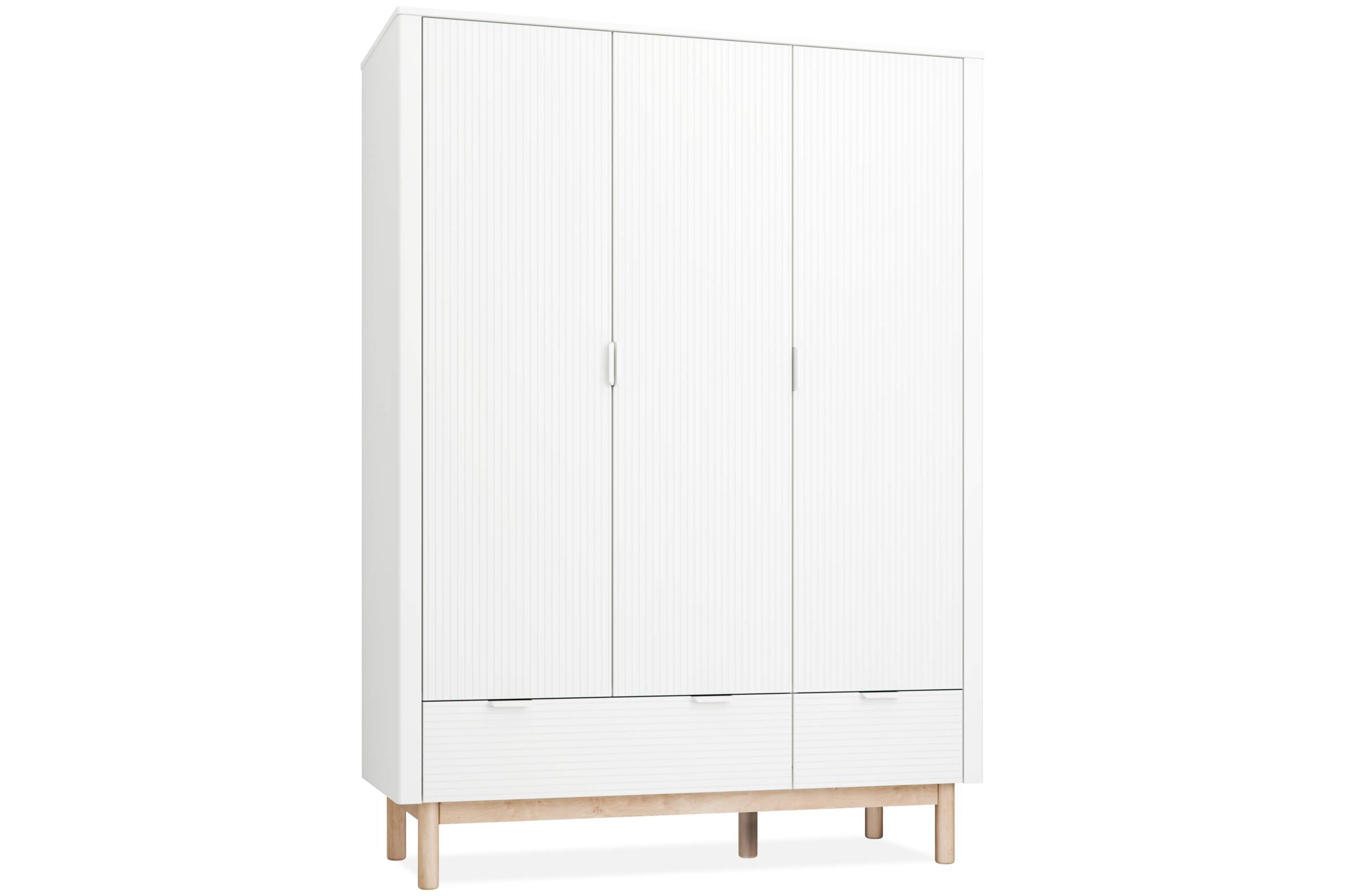KONSIMO® Kinderkleiderschrank LOTTI Drehtürenschrank, hergestellt in der EU, mit Stange, mit 6 Einlegeböden, 3-türig, geriffelte Möbelfront