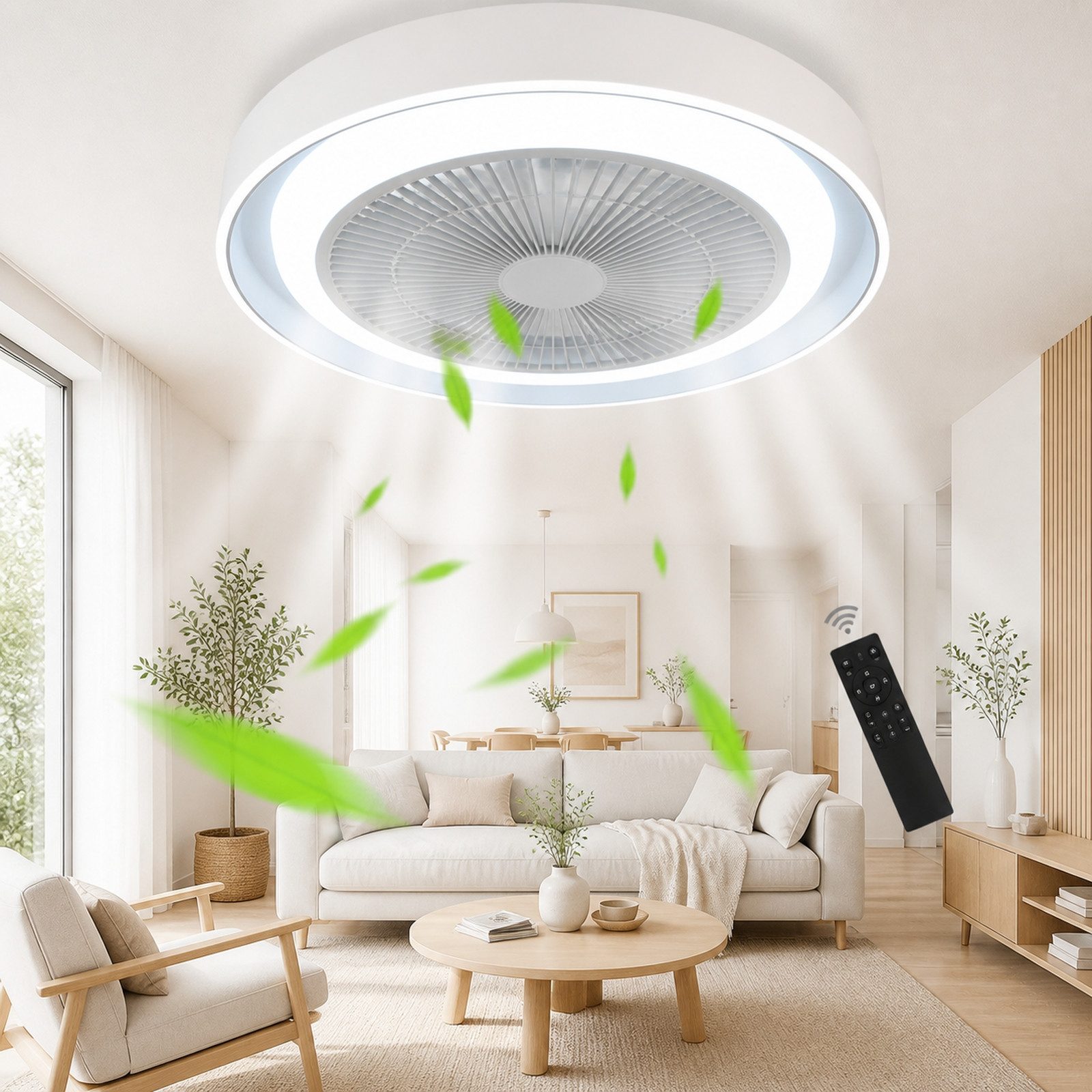 Nettlife Deckenventilator mit Licht und Fernbedienung 43W Leise LED Deckenleuchte Dimmbar, Schlafzimmer Wohnzimmer Esszimmer 50*50*20.5cm