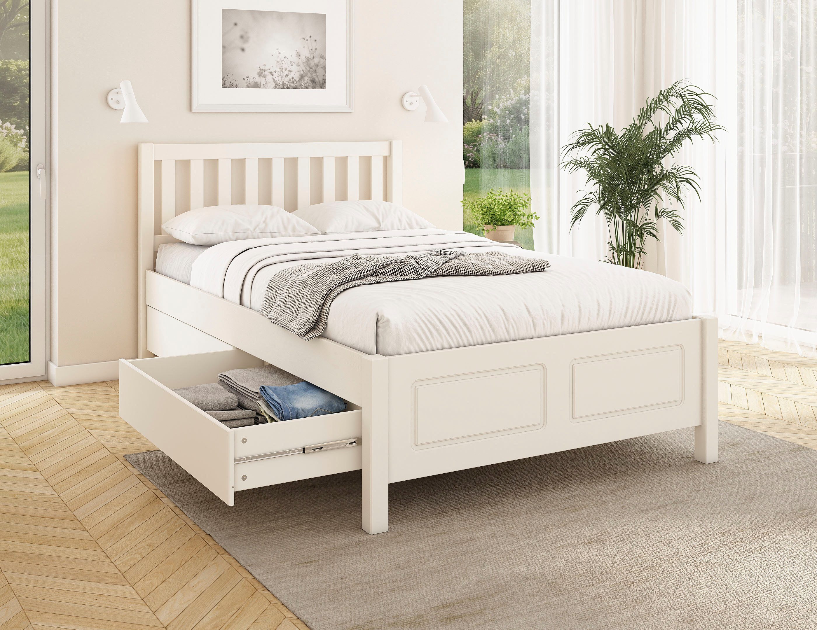 OTTO home Stauraumbett Synnra, maximaler Stauraum, 4 Schubladen, Made in EU, Landhausstil (Liegefläche 120x200 cm, inklusive Lattenrost), FSC® zertifiziert, Kassettenfront, Stauraumlösung und Komfort