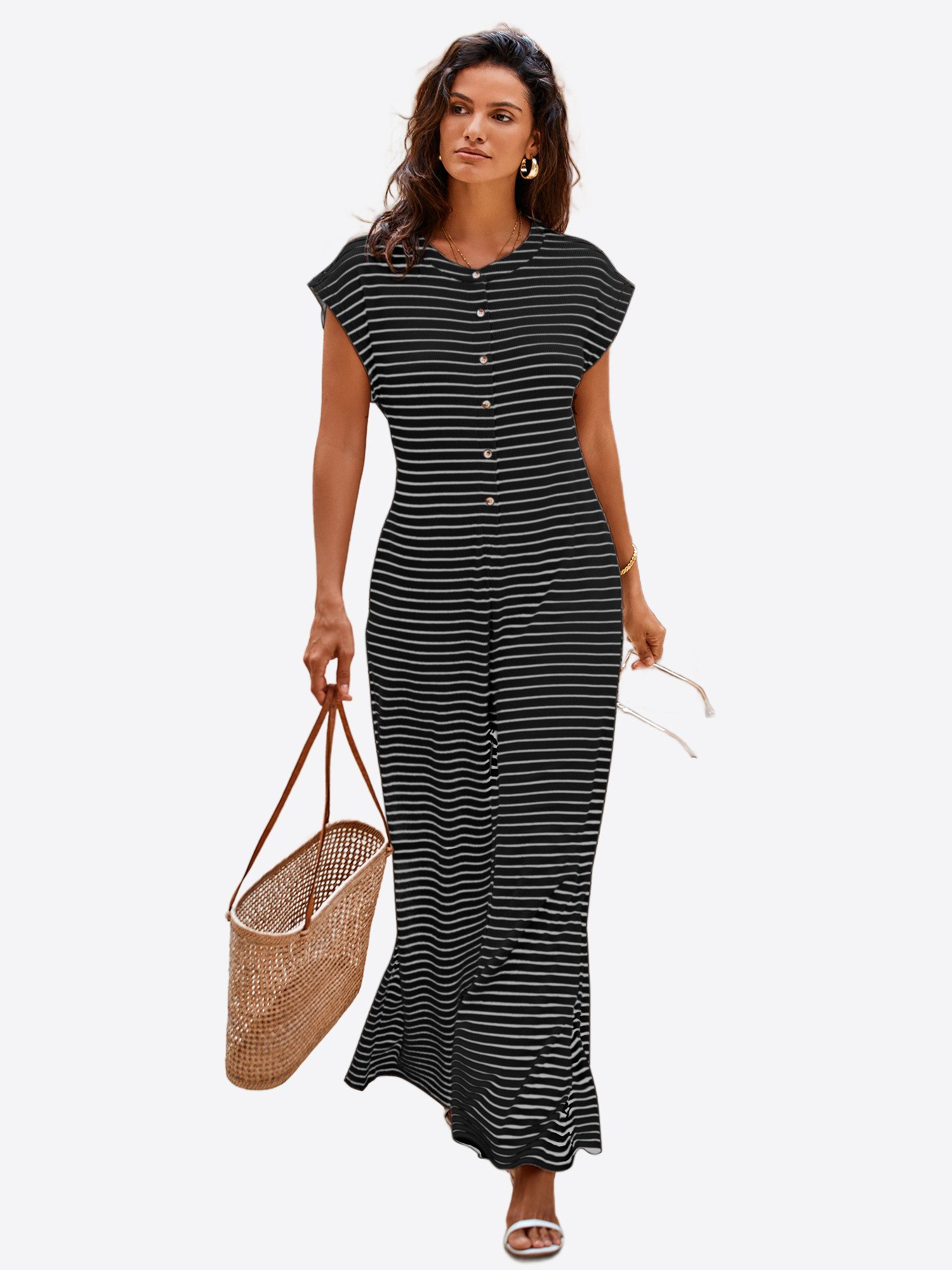 Imily Bela Jumpsuit Damen Hausanzug Homewear Gestreift Weit Bein Waffelstrick Sommer Loose (Packung, 1-tlg., 1per-Pack) mit Knopfleiste gehäkelt