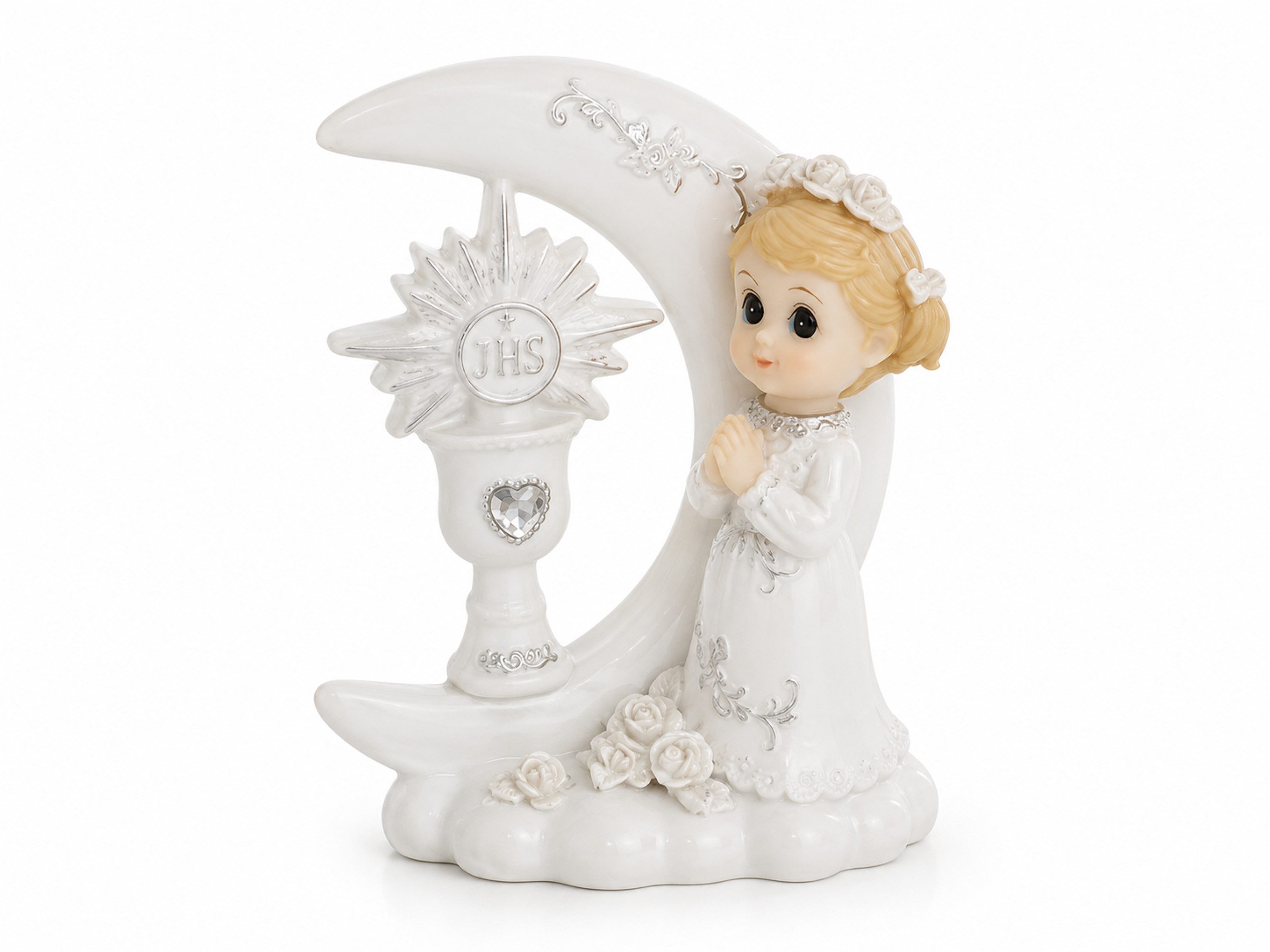partydeco Tortenstecker, Tortenfigur Kommunion Mädchen mit Mond 8,5x6x3,5cm Weiß