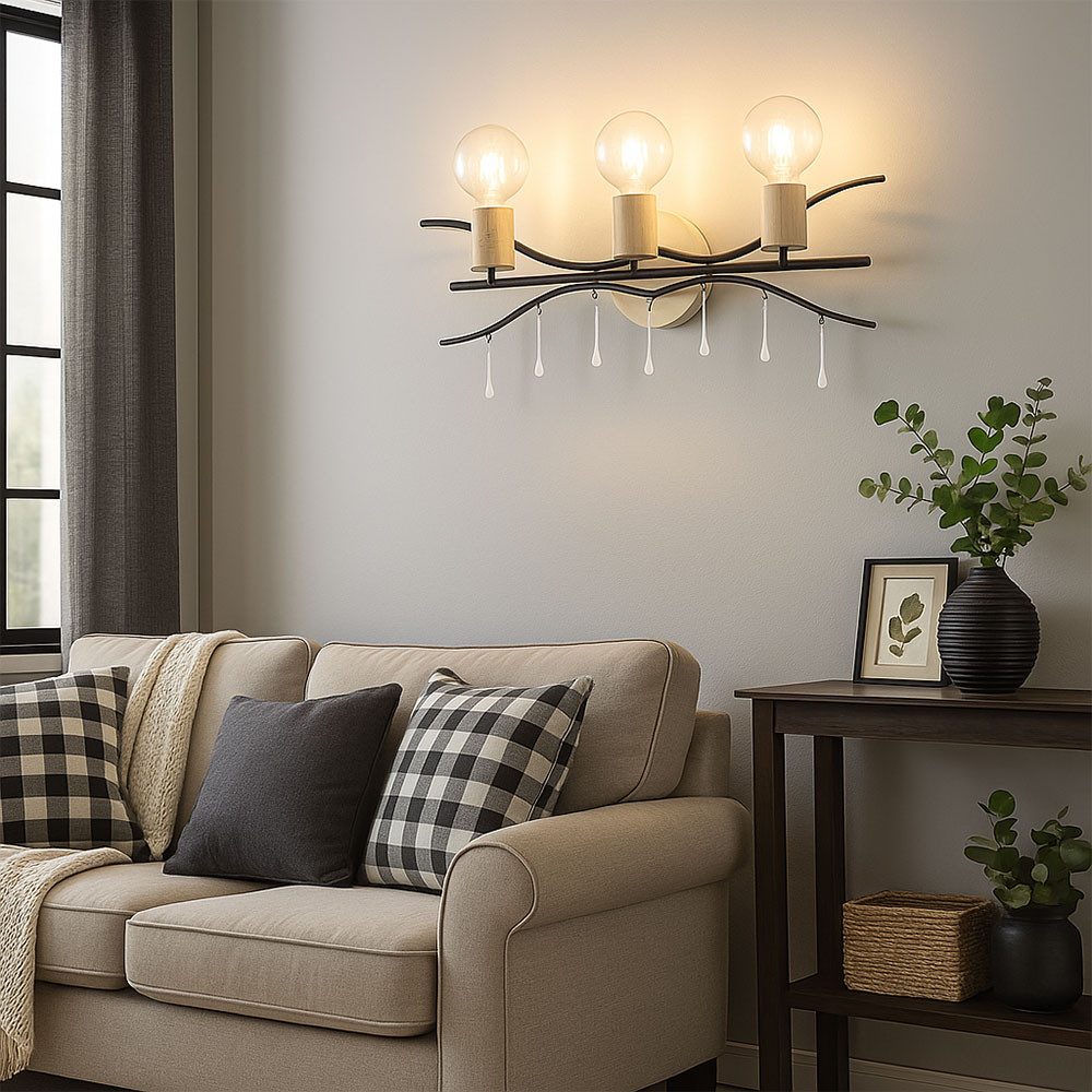 GLOBO LIGHTING Wandleuchte, Leuchtmittel nicht inklusive, Wandleuchte Schlafzimmerlampe Metall Holz naturfarben 3 Flammig B 76cm