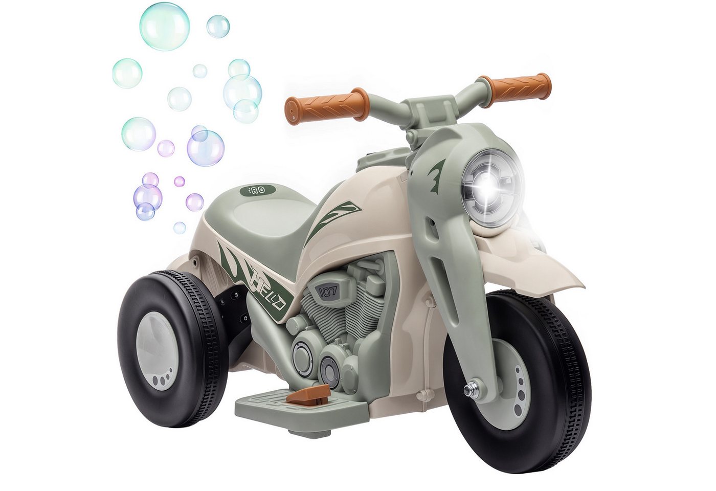 AIYAPLAY Elektro-Kindermotorrad 6V Dreirad mit Seifenblasenmaschine, Musik, Elektro Motorrad, Belastbarkeit 30 kg, (1-tlg), 2,5-3 km,h, für 2-5 Jahre Kinder, max. 30 kg, Cremeweiß