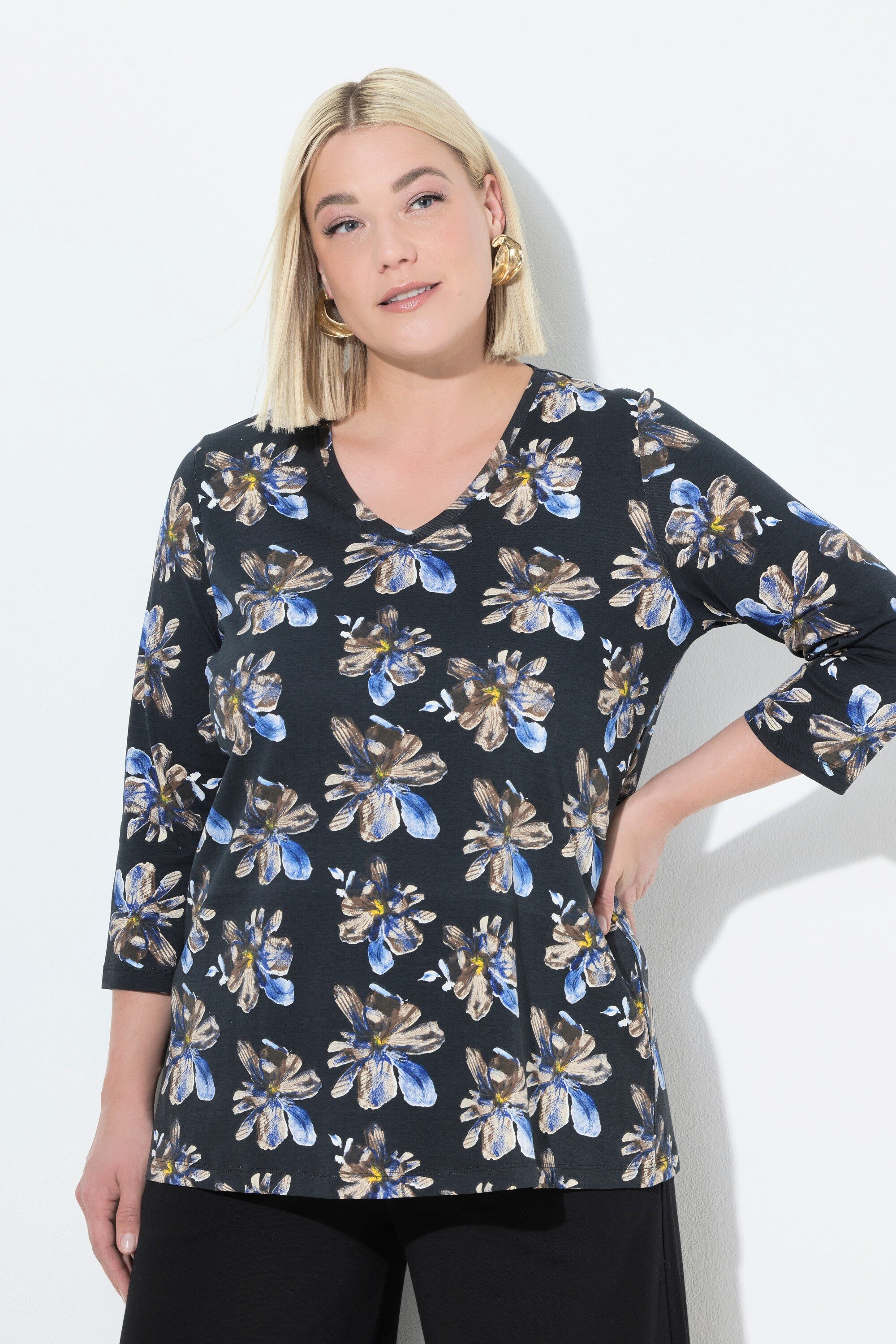Ulla Popken Longshirt Shirt A-Linie V-Ausschnitt 3/4-Arm günstig online kaufen