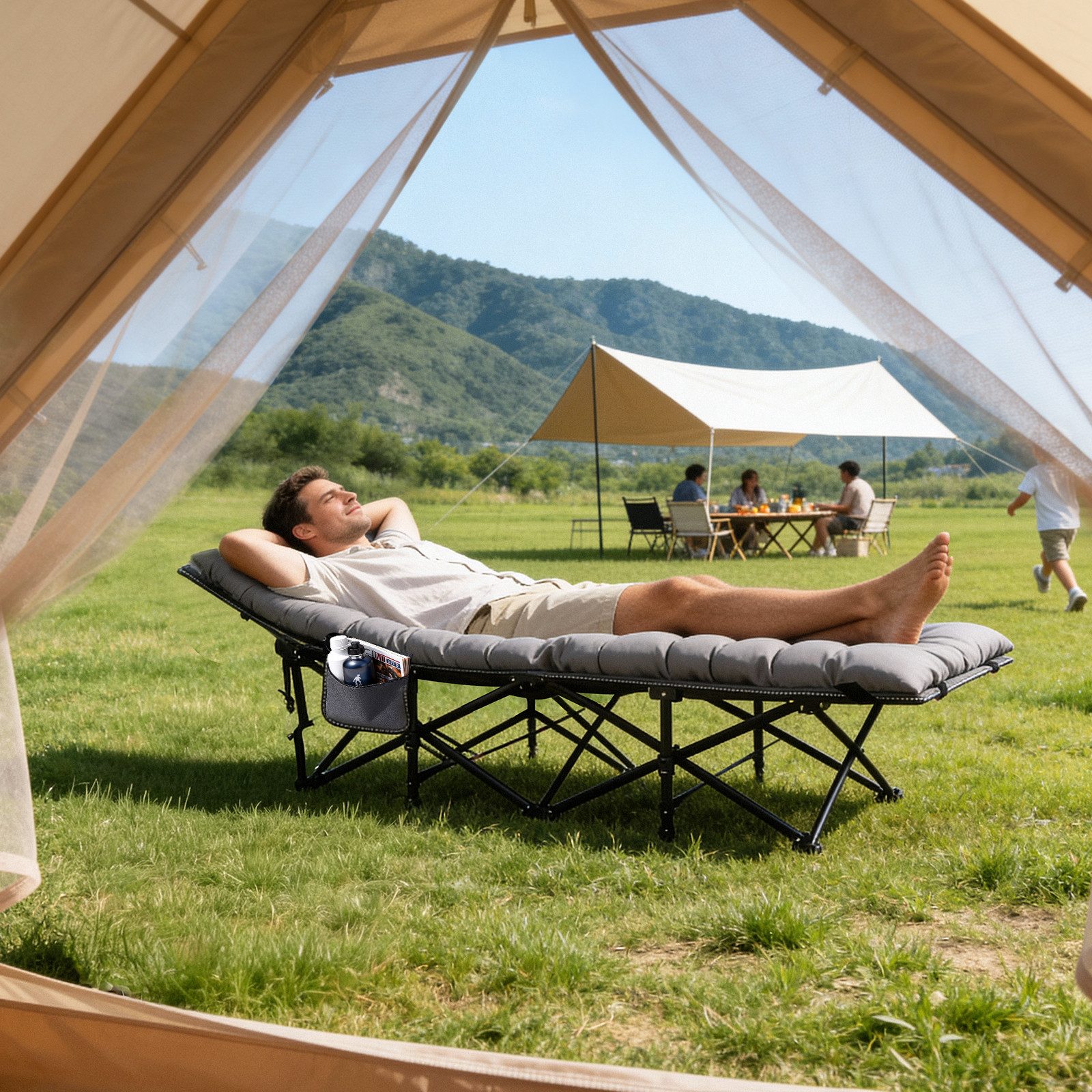 Sekey Feldbett Campingbett klappbar Campingliege Angelliege Klappbett bis 200 kg 190 x 71 x 35 cm Klappbett mit dicker Matratze, für Strand Outdoor