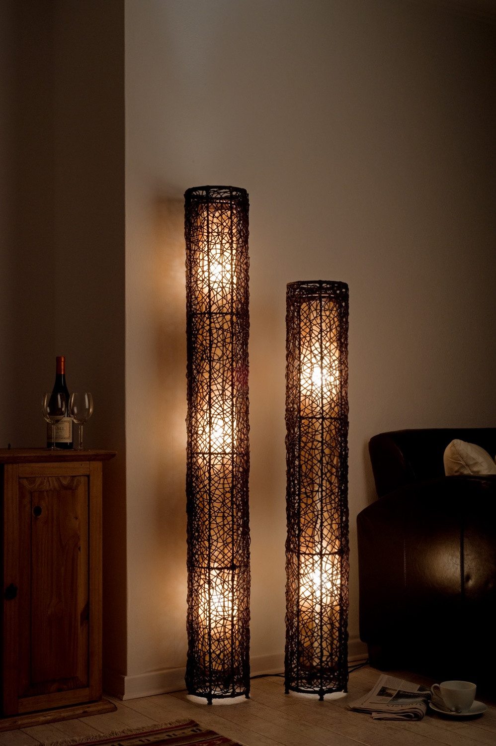 Hacienda Del Sol Stehlampe Große Stehleuchte mit Rattan-Geflecht Stoffschir günstig online kaufen