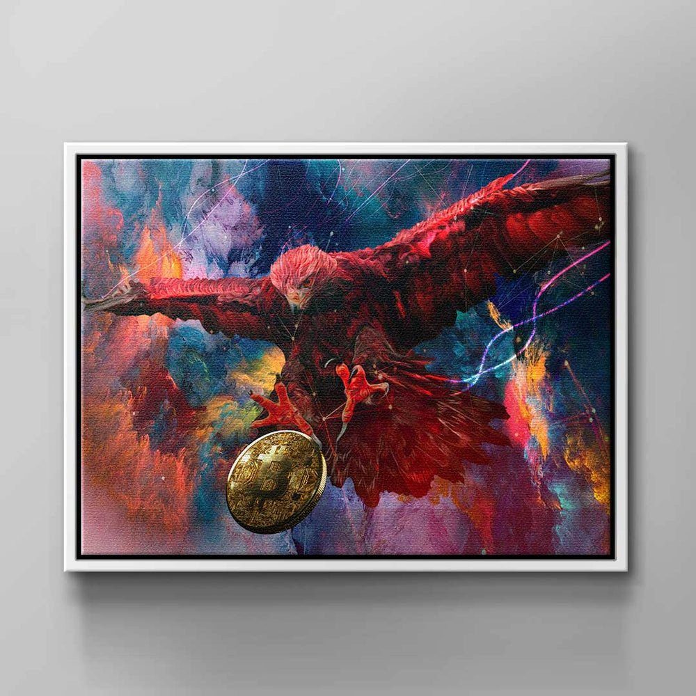 Eagle, bunt Krypto Leinwandbild rot gold DOTCOMCANVAS® Vogel Bitcoi Wandbild Adler blau Bitcoin Bitcoin orange ohne Rahmen