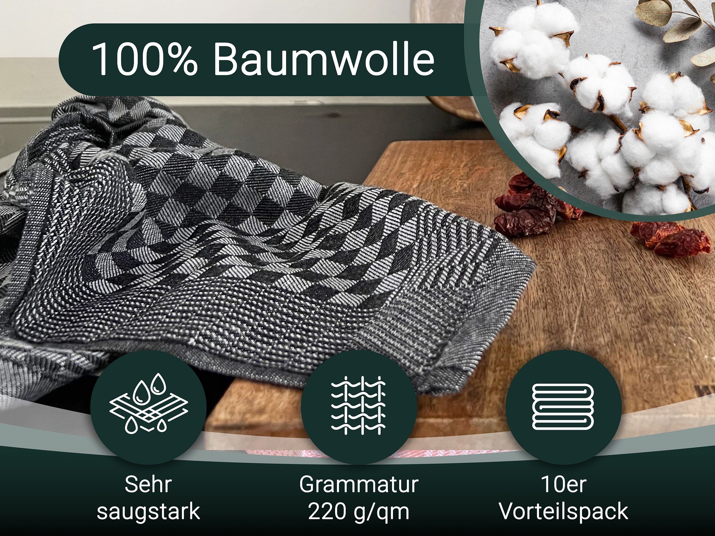 (Spar-Set, 46 Hotelwäschespezialisten 10-tlg), x schwarz 70 vom 100% Baumwolle, Geschirrtuch, cm, Hotelwäschespezialisten, ZOLLNER vom