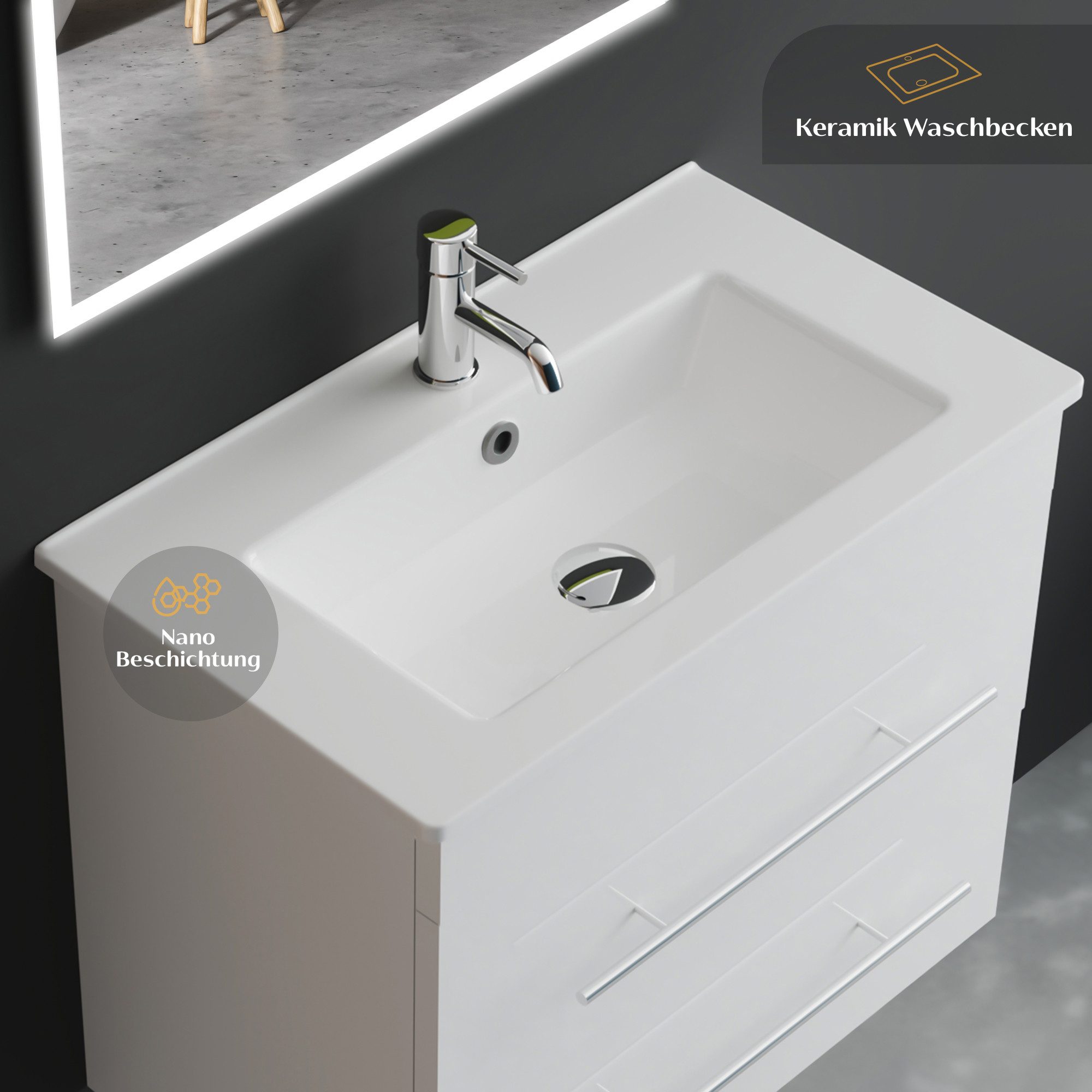 Alpenberger Badmöbel-Set Waschbecken mit Unterschrank - Waschbeckenunterschrank mit Schubladen, (Badezimmerschrank - Weiß, Schrank Badschrank - 60 cm), Gäste WC & Badezimmer Set - Waschtisch mit Nano