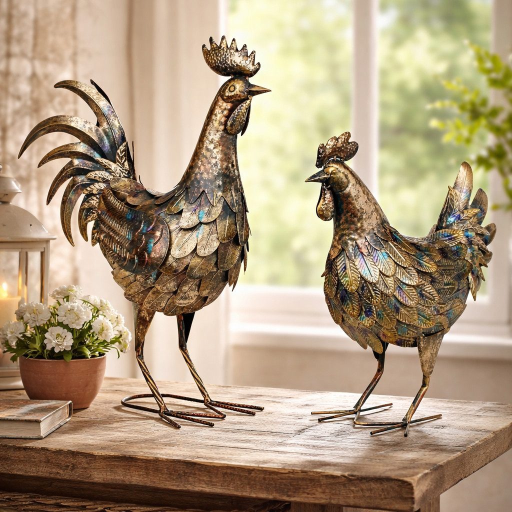 MF Gartenfigur Metall Hahn Henne Bauernhofstil blau gold Gartendeko 2er Set, (2 St)