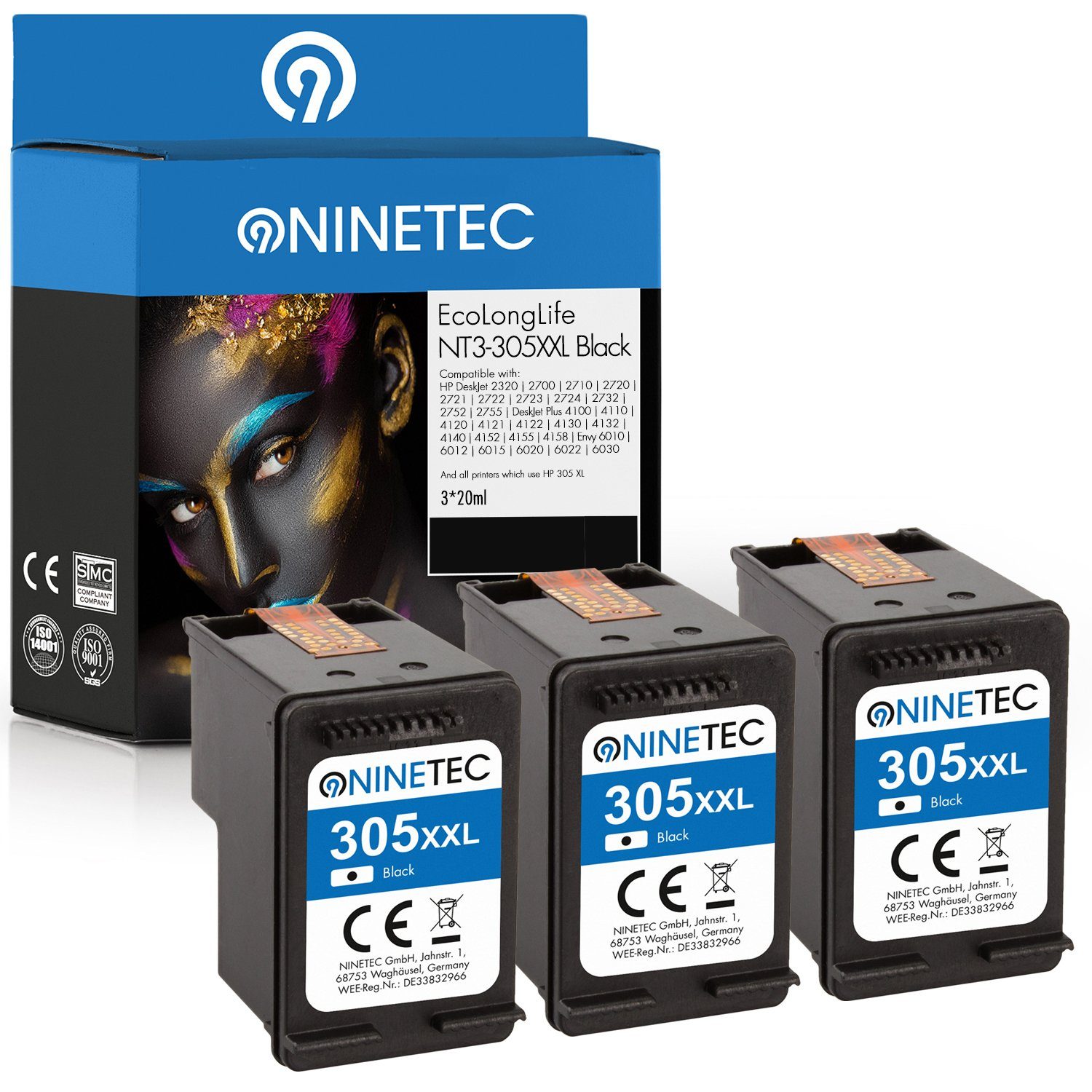 NINETEC 3er Set EcoLonglife ersetzt HP 305 305XL XL XXL Black über 400% mehr Inhalt! Tintenpatrone | Tintenpatronen