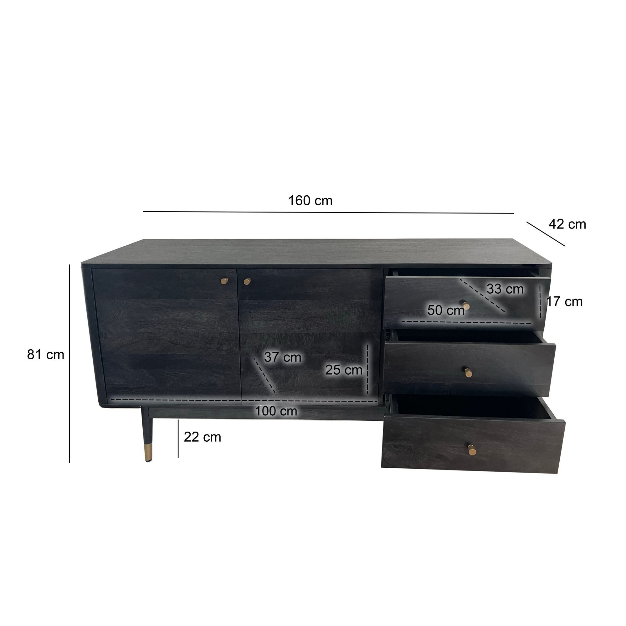 FINEBUY Sideboard FB110287 Akazie Massivholz 160cm 2 Türen 3 Schubladen Kommode Schwarz (160 cm Akazie Massivholz Schwarz, Kommode Hoch), Anrichte Modern, Standschrank Türen & Schubladen