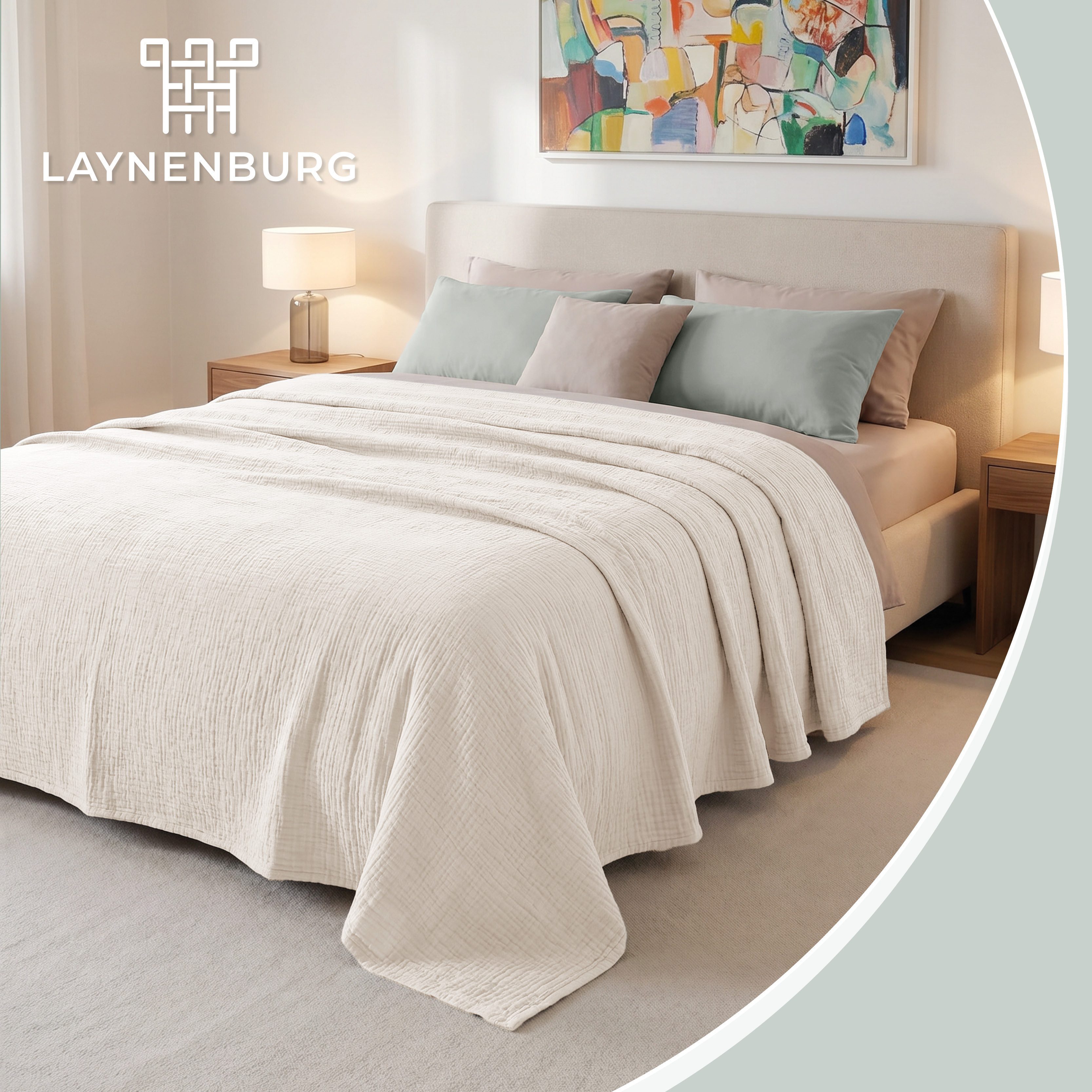 Laynenburg Tagesdecke Musselin aus 100% Baumwolle – Baumwolldecke, Kuscheldecke, Wohndecke als Sommerdecke, Bett-Überwurf, Couch-Überwurf, Sofa-Decke