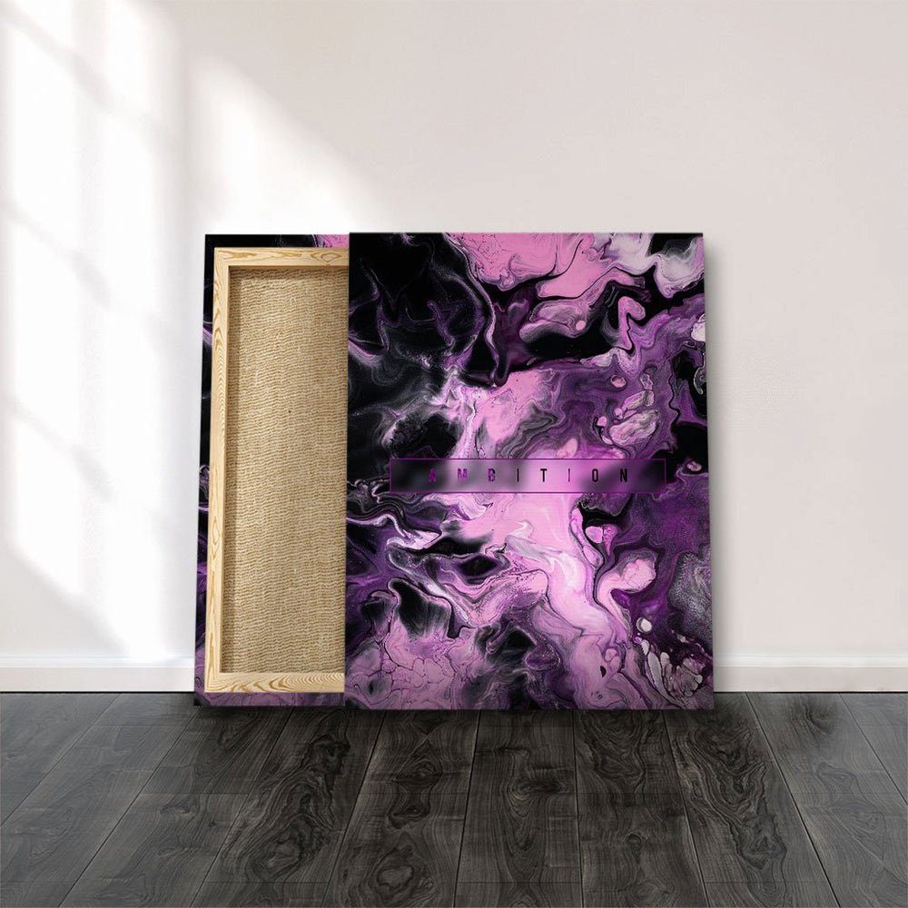 Englisch, abstrakte Flüss schwarze Rahmen Leinwandbild AMBITION DOTCOMCANVAS® LIQUID, violette Motivationszitat ohne Leinwand Wandbild