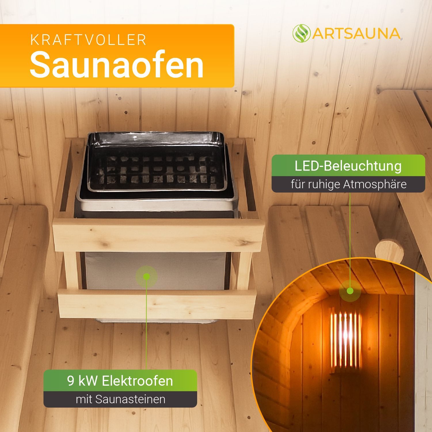 Artsauna Fasssauna Fjora, 38 mm, Fichte, 9 kW Ofen bis 100 °C, Glasfront, bis 6 Personen, Zubehör-Set