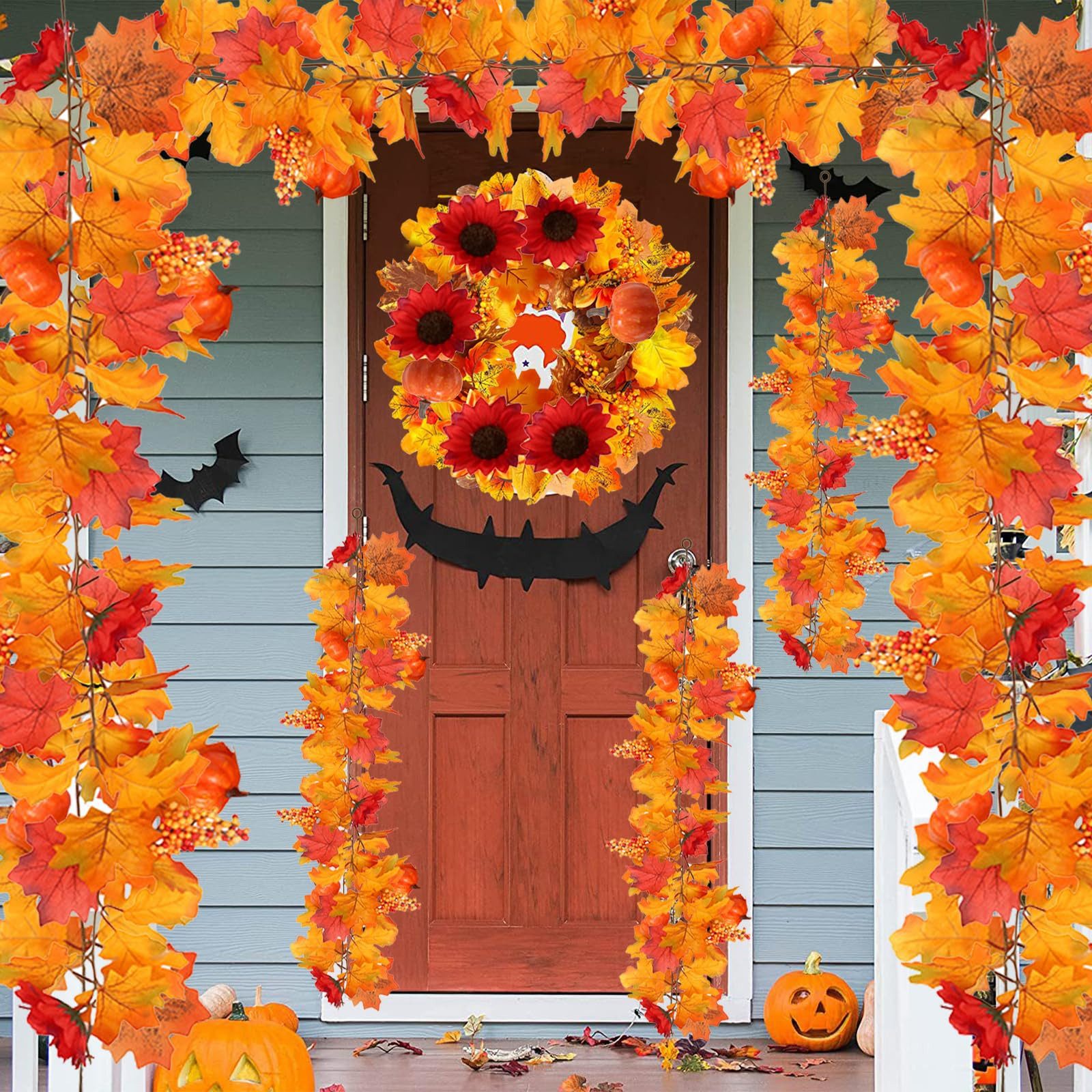Kunstgirlande Herbst Girlande Ahornblätter, 2er-Pack künstliche Herbstgirlande, Bomiclss, Künstliche Herbst Ahorn Blätter Girlanden, für Tür, Garten, Kamin – Bild 4 von 5