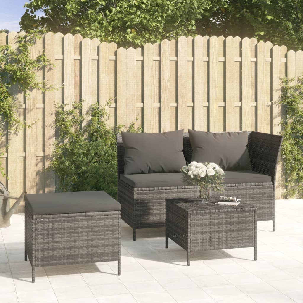 vidaXL Gartenlounge-Set 3-tlg. Garten-Lounge-Set mit Kissen Grau Poly Rattan, (3-tlg)