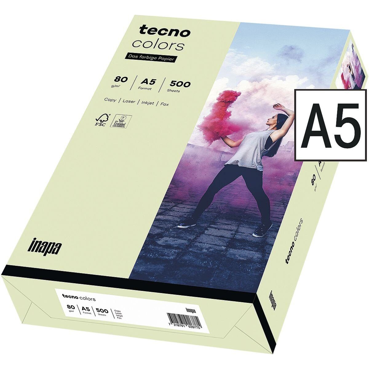 Inapa tecno Drucker- und Kopierpapier Rainbow, Pastellfarben, Format DIN A5, 80 g/m² hellgrün