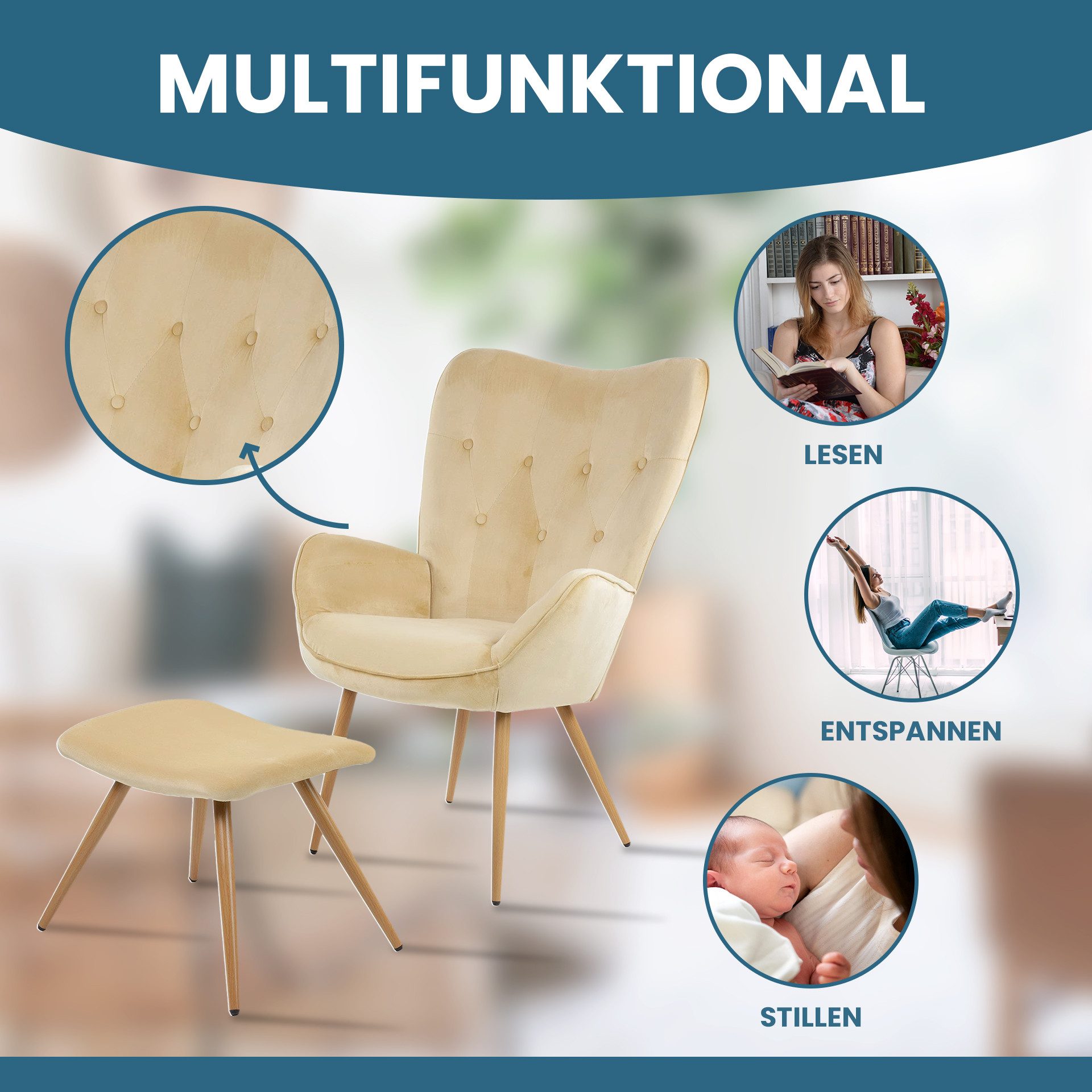 Albatros International Sessel Ohrensessel York beige Moderner Look Relaxsessel Lesesessel (Beige), Vintage u Stilvoll, Samt-Bezug - Eleganter und SGS geprüft – Bild 4 von 5