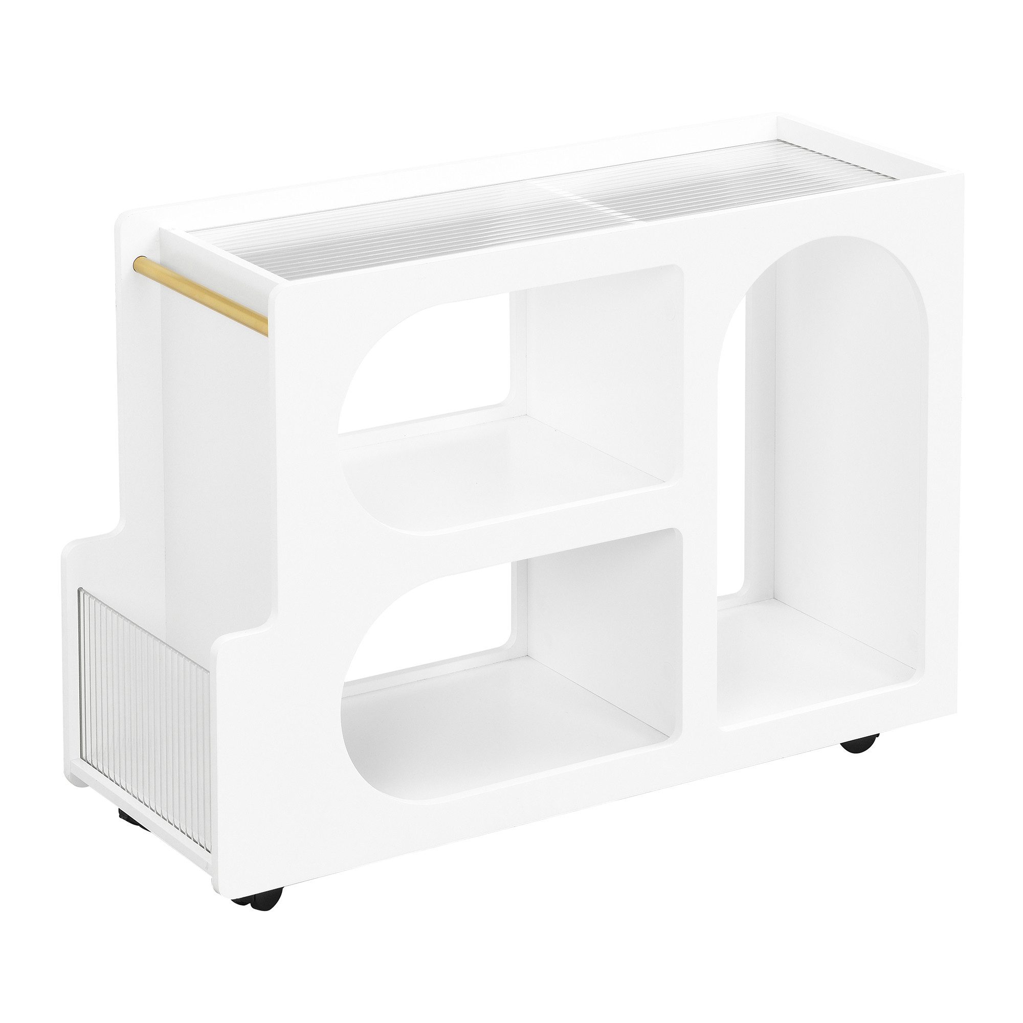 Couchtisch Vitrine Beistelltisch mit abschließbaren Rädern, 5mm Glasoberfläche