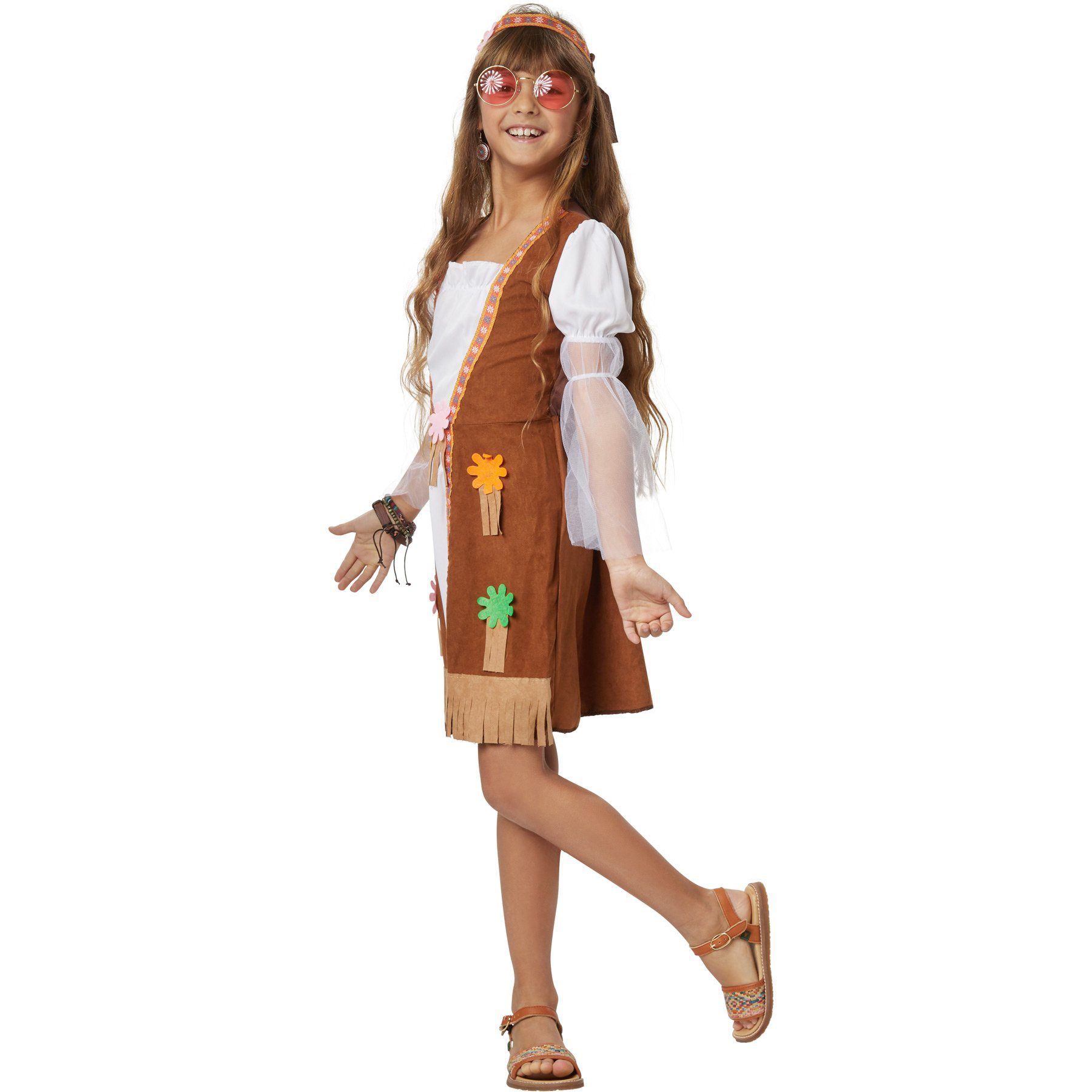 dressforfun Hippie-Kostüm Blumenkind/Friedensfreund, Ärmel mit angenähtem Tüll in, in braun, Gr. 128 (7-8 Jahre), Kurzes Kleid im typischen Hippie-Outfit