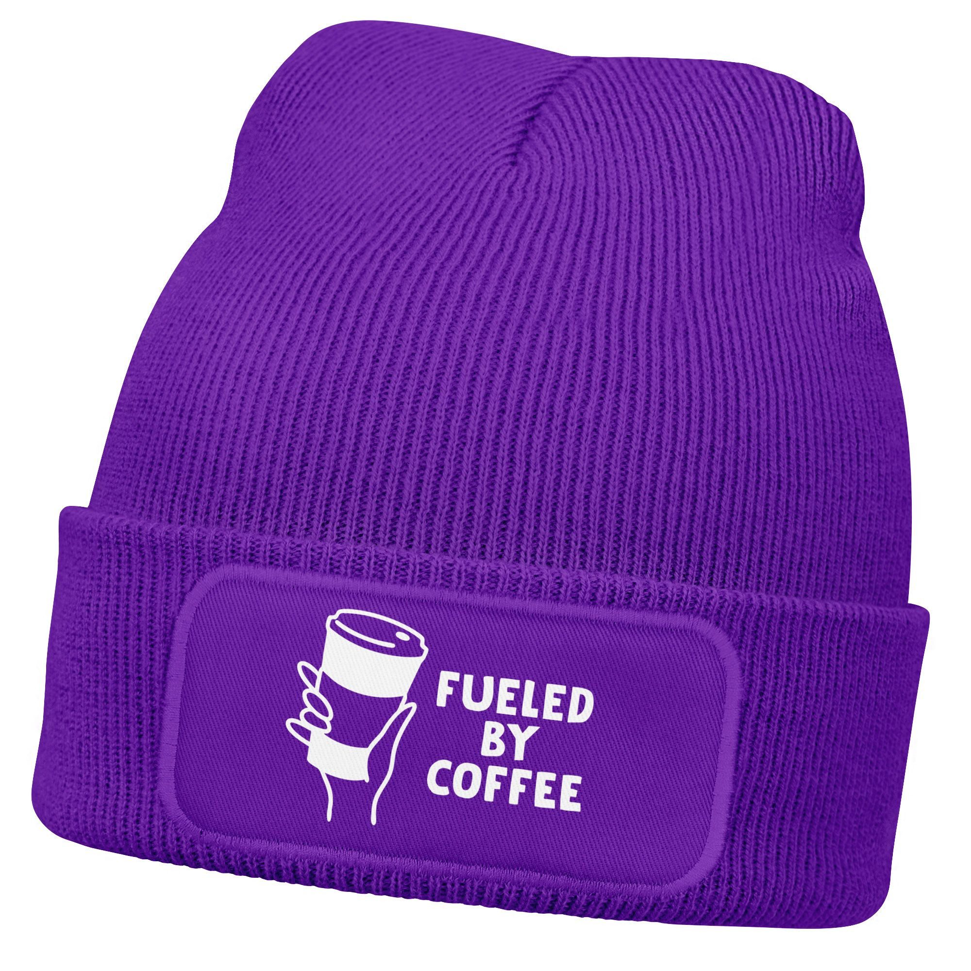 Strickmütze Damen Beanie mit Patch Strickmütze mit Spruch Fueled by Coffee