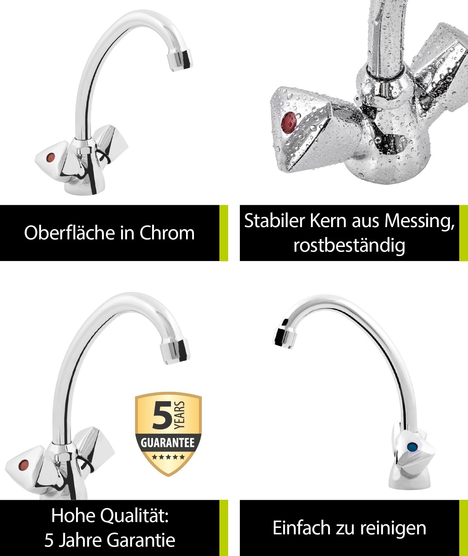 Waschtischarmatur Chrom, Zweigriffmischer, Wasserspar-Mischdüse, 795494 Hochdruck, Standard aquaSu