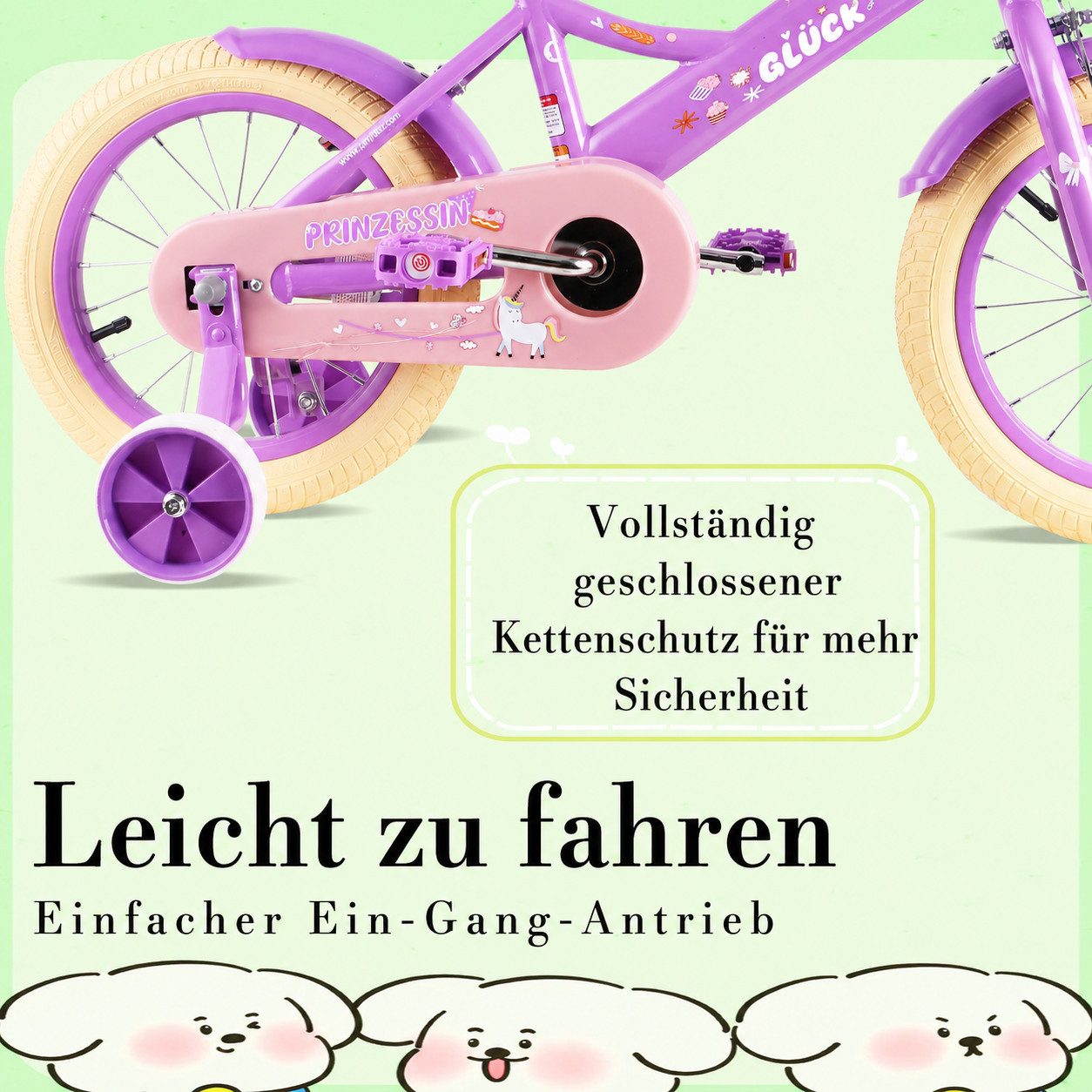 Vankel Kinderfahrrad 12/14/16 Zoll mit Stützrädern, 1 Gang, Für Mädchen 2–7 Jahre mit Korb & Puppensitz