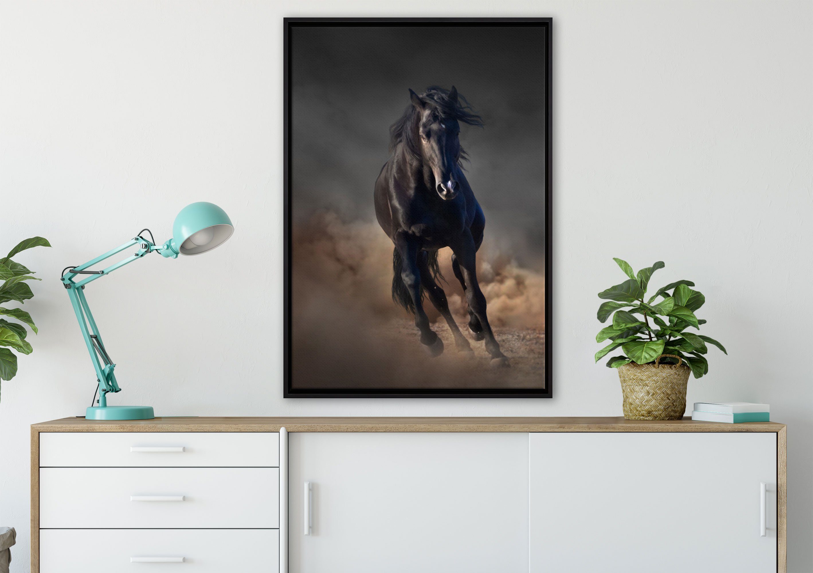 Pixxprint Leinwandbild Elegantes in Pferd, gefasst, bespannt, Wanddekoration fertig (1 einem schwarzes Leinwandbild inkl. Zackenaufhänger St), Schattenfugen-Bilderrahmen