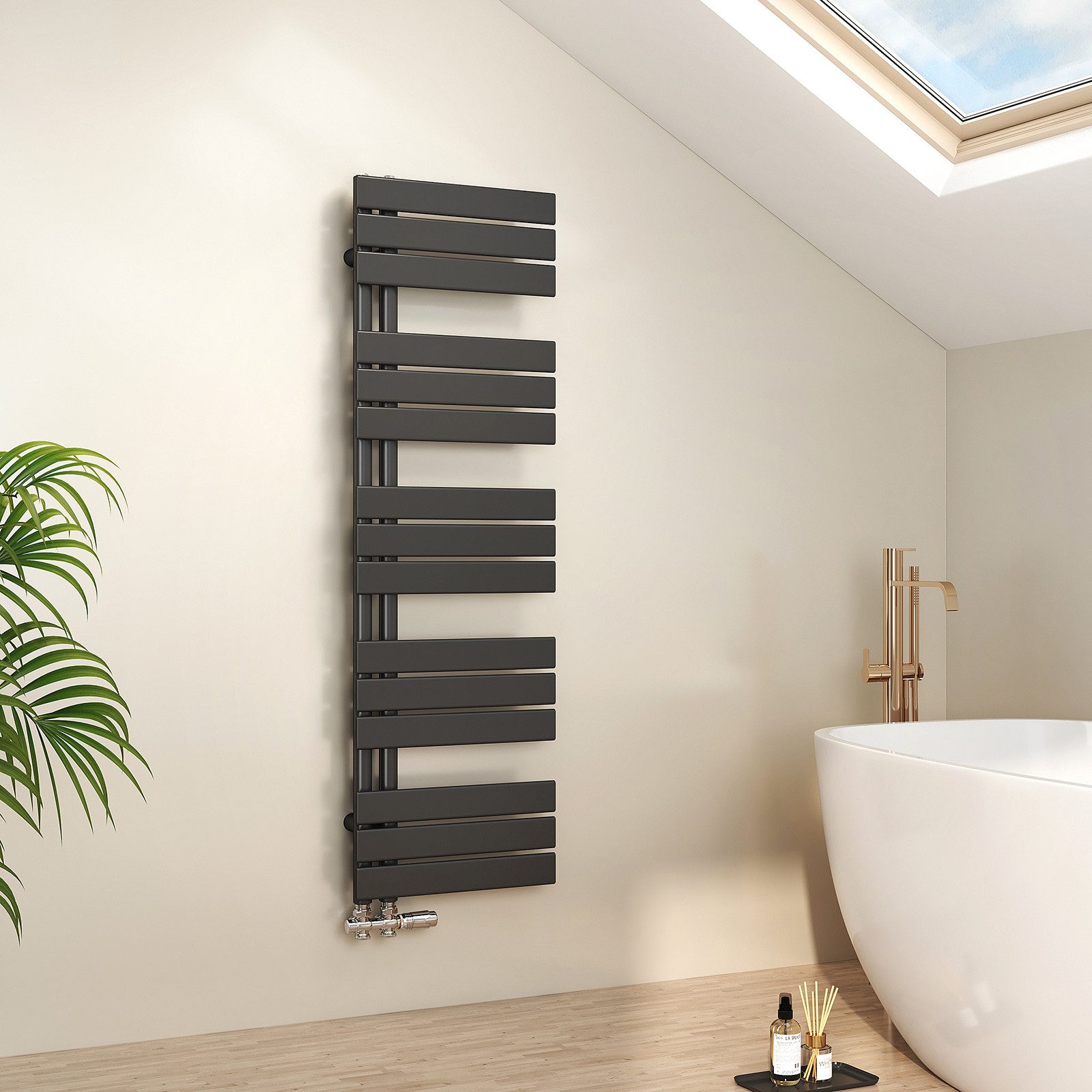 EMKE Paneelheizkörper Schwarz Flach Badheizkörper Design Handtuchtrockner, 132x40cm 570W Bad Warmwasser ohne Multiblock Seitenanschluss