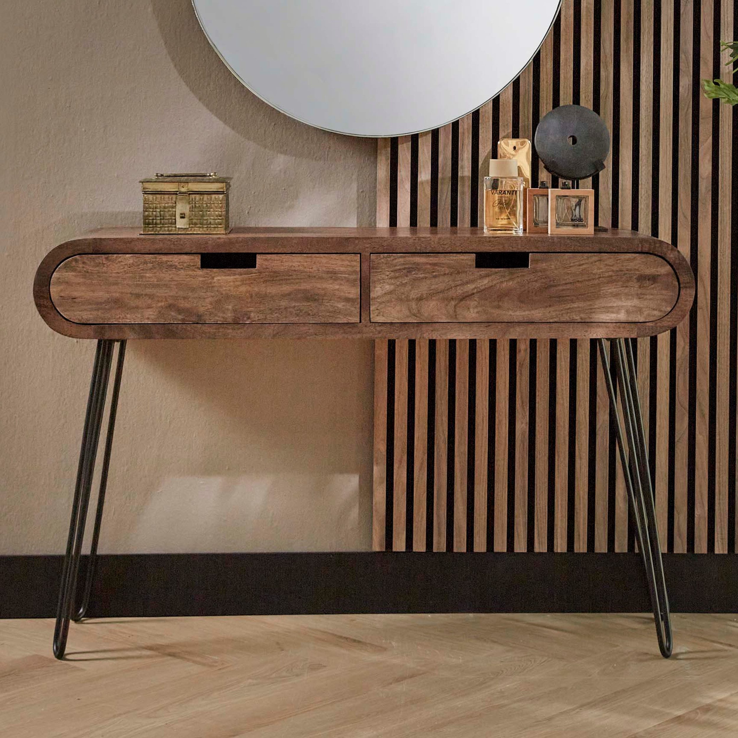 alesvelt Konsolentisch & Schminktisch BARREL RETRO Ovale Flurkonsole aus Mangoholz (1-Tisch), 120x30x76cm, Hairpin-Beine