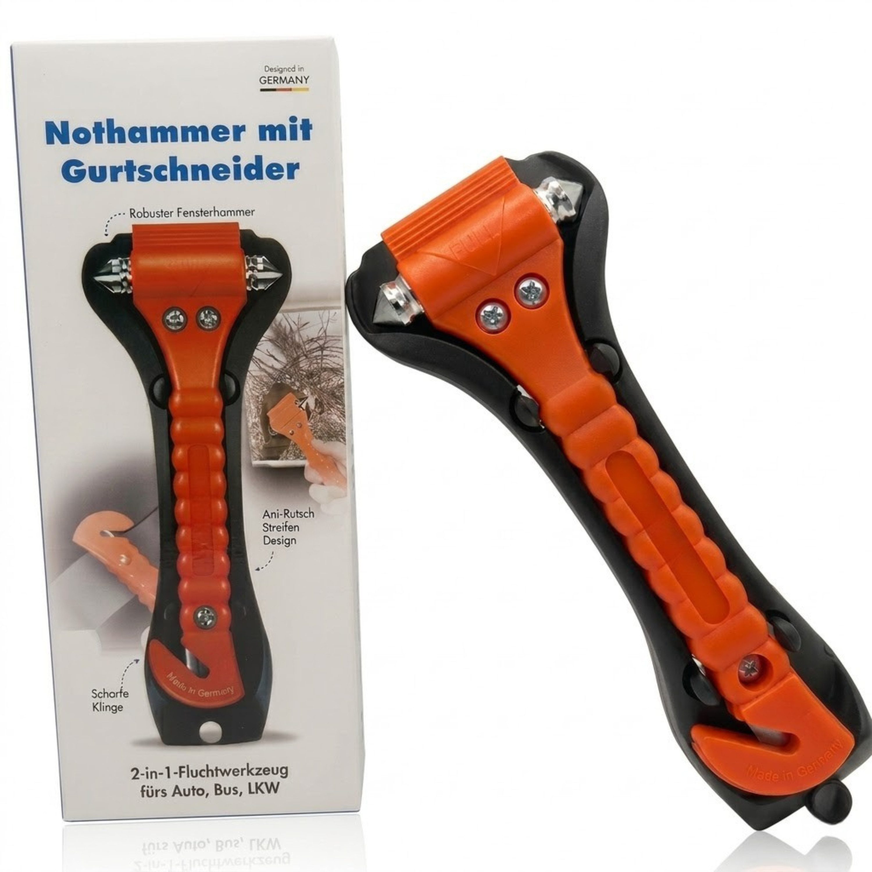 StellarLuma Hammer Auto Hammer Nothammer Notfallhammer Gurtschneider Sicherheitshammer (Packung, 1-St., 2-teilig: Auto Nothammer mit Gurtschneider inkl. Halterung), 2-in-1 Notfallhammer mit Gurtschneider und Fensterbrecher bei Unfällen