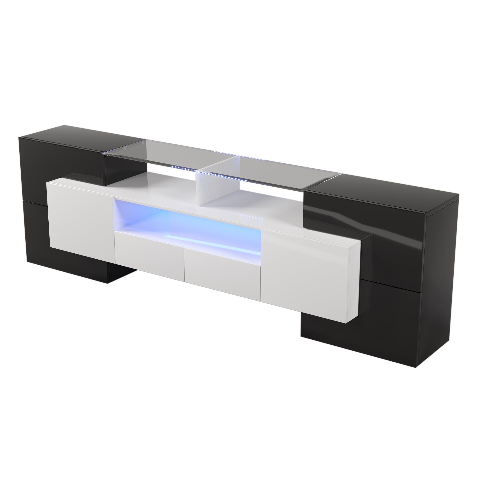 Hochglanz-Weiß TV-Schrank,LED-Beleuchtung Glasoberfläche Wohnzimmermöbel und Schwarz, Elegante TV-Schrank Stilvoller Celya