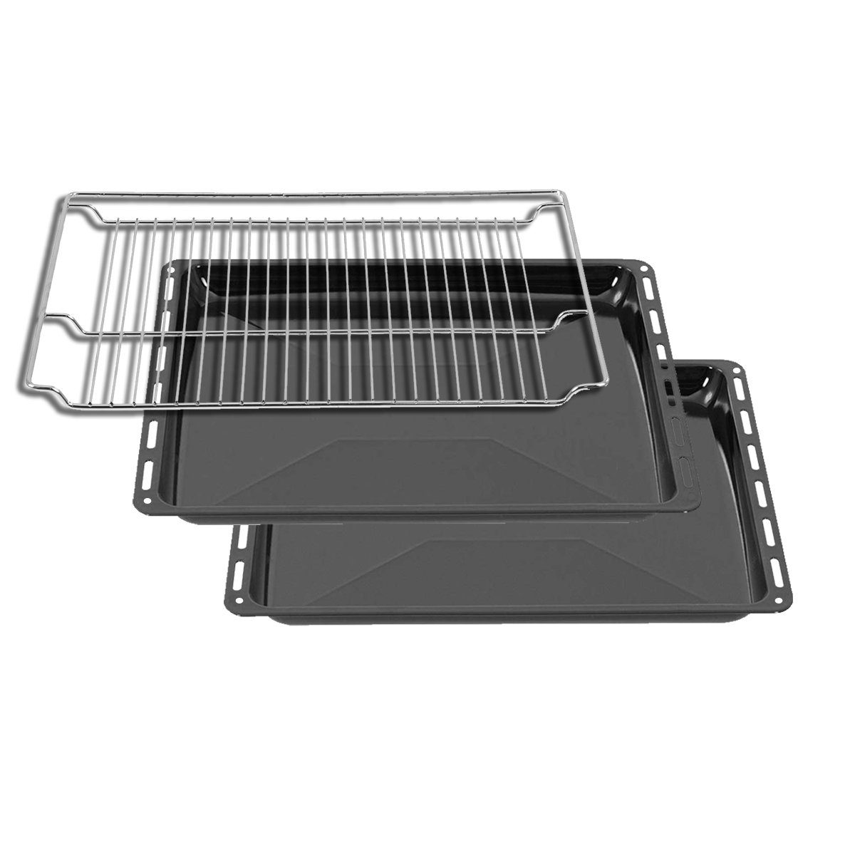 ICQN Backblech 465 x 370 x 30 doppelt Set mit Gitter, Emaille, (Set, 3-St., Fettpfanne und Verchromt Backofenrost), Passend für Bosch Neff Constructa