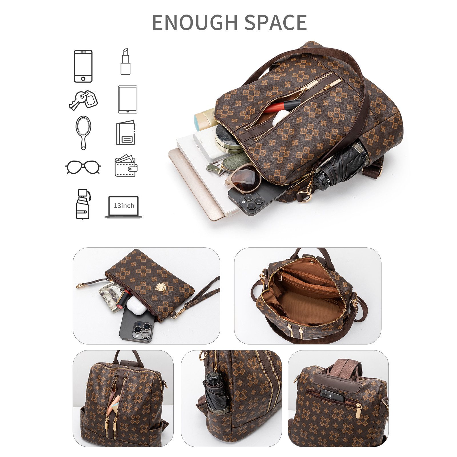 Toomoke Rucksack Damen Rucksack, Kleine 2 in 1 Rucksackhandtasche (Wasserdichte Leder Schultaschen, Geldbörse Umhängetasche Handtasche Rucksack), Geschenk,Anti-Diebstahl Tagesrucksack Schultertaschen