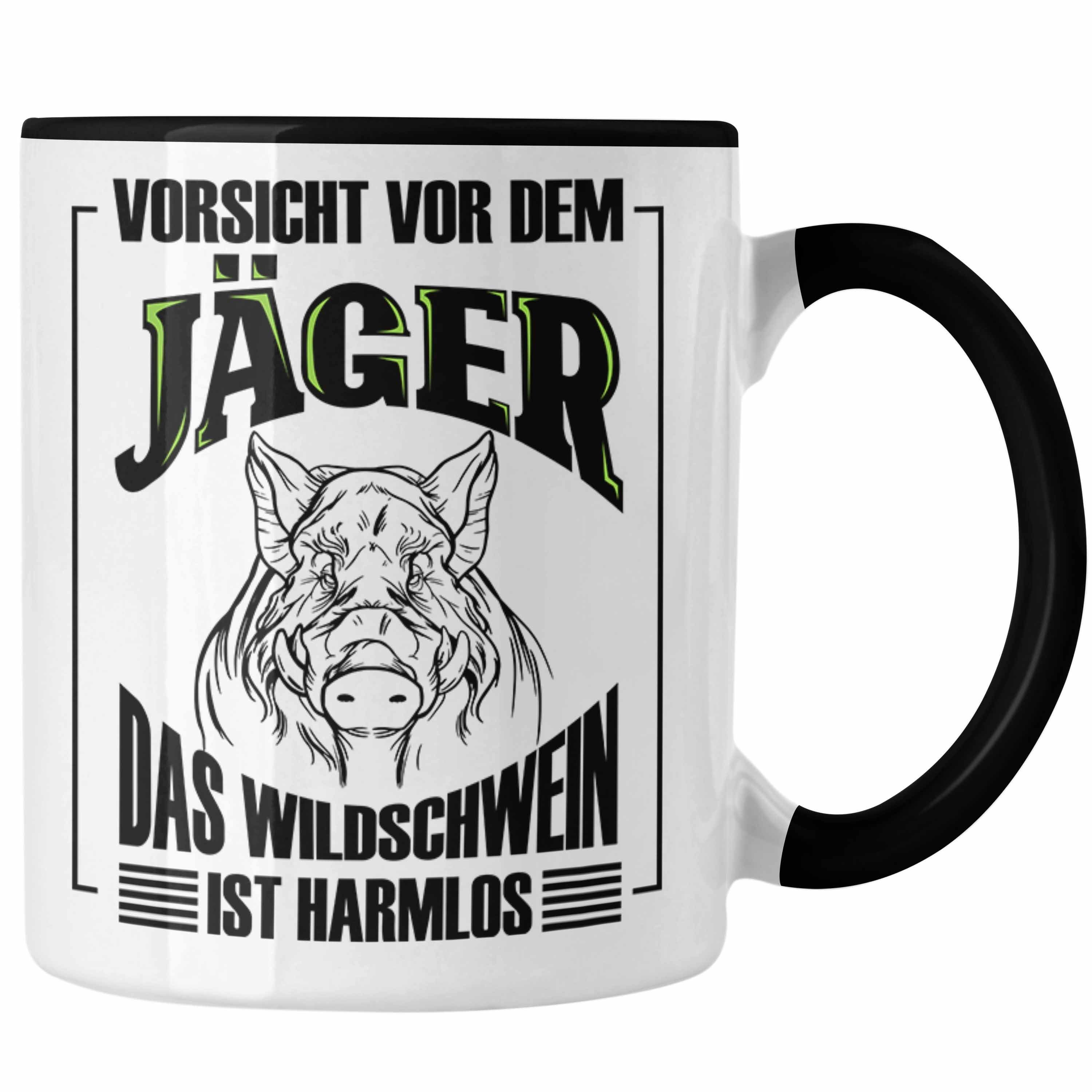 Trendation Tasse Lustige Tasse Geschenk für Jäger Wildschwein Spruch Geschenkidee Jagd Schwarz