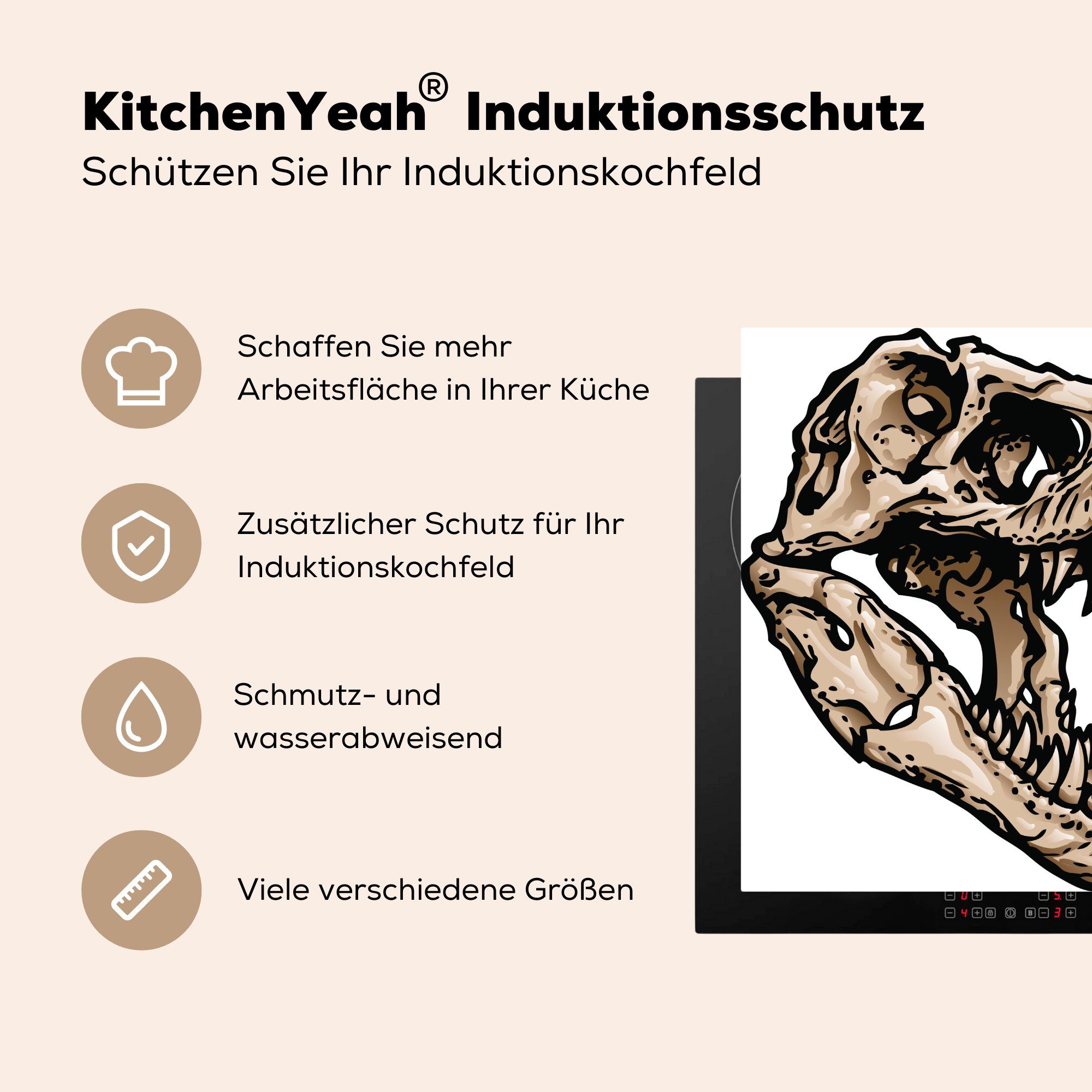 MuchoWow Herdblende-/Abdeckplatte Arbeitsplatte Totenkopf Weiß, Ceranfeldabdeckung, tlg), für - cm, (1 Vinyl, - Dinosaurier küche 78x78