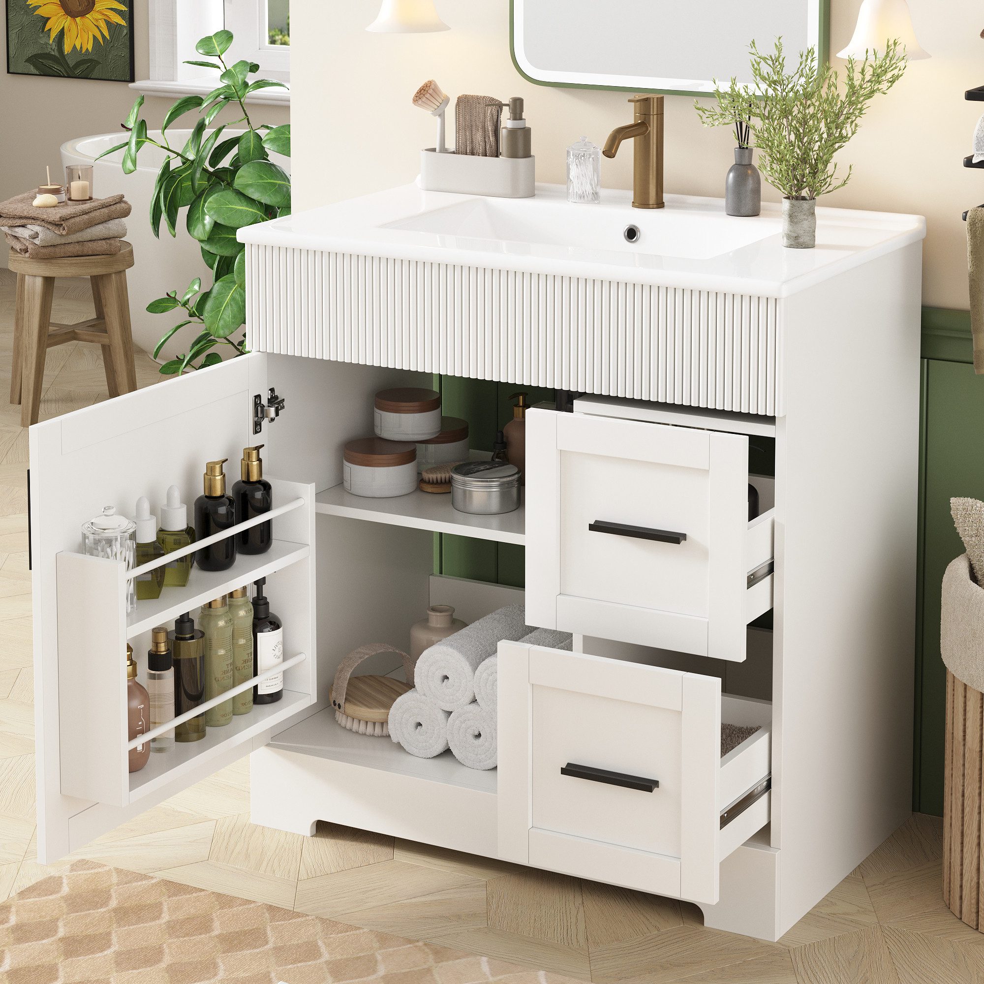 Flieks Waschtisch Badkommode mit 2 Schubladen, Türregalen und verstellbarer Einlegeböden (B81,5/T47/H85,5 cm, 1-St., bodenstehend, Badzimmerschrank mit Überlauf), Waschbeckenunterschrank mit Waschbecken Badmöbel-Set Weiß