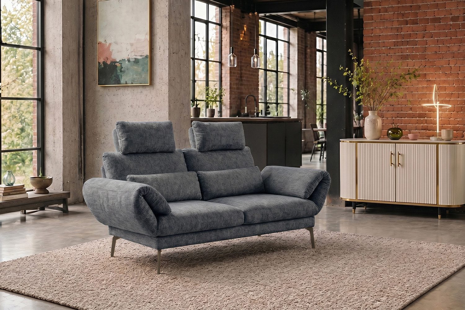 KAWOLA Sofa HOLLY Stoff – Modernes Funktionssofa mit Relaxfunktion, Drehbare Sitze, verstellbare Rückenlehnen, klappbare Armlehnen