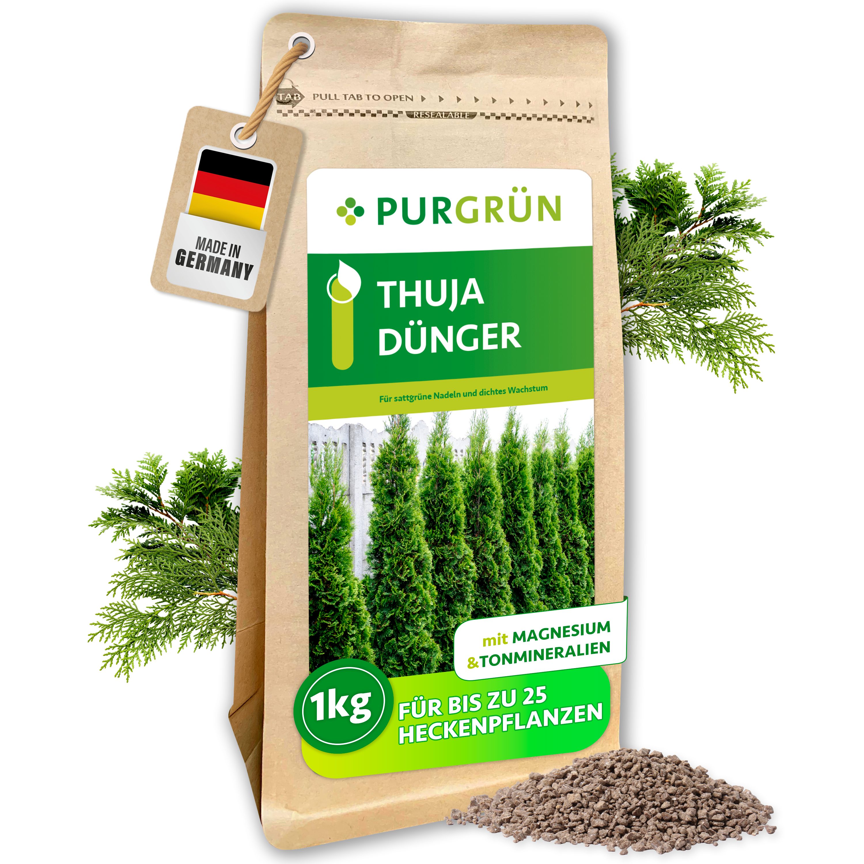 Purgrün Gartendünger Thuja Dünger, NPK 9+4+8, für sattgrüne, dichte Hecken, 1 kg, Granulat, 1-St., 1 kg