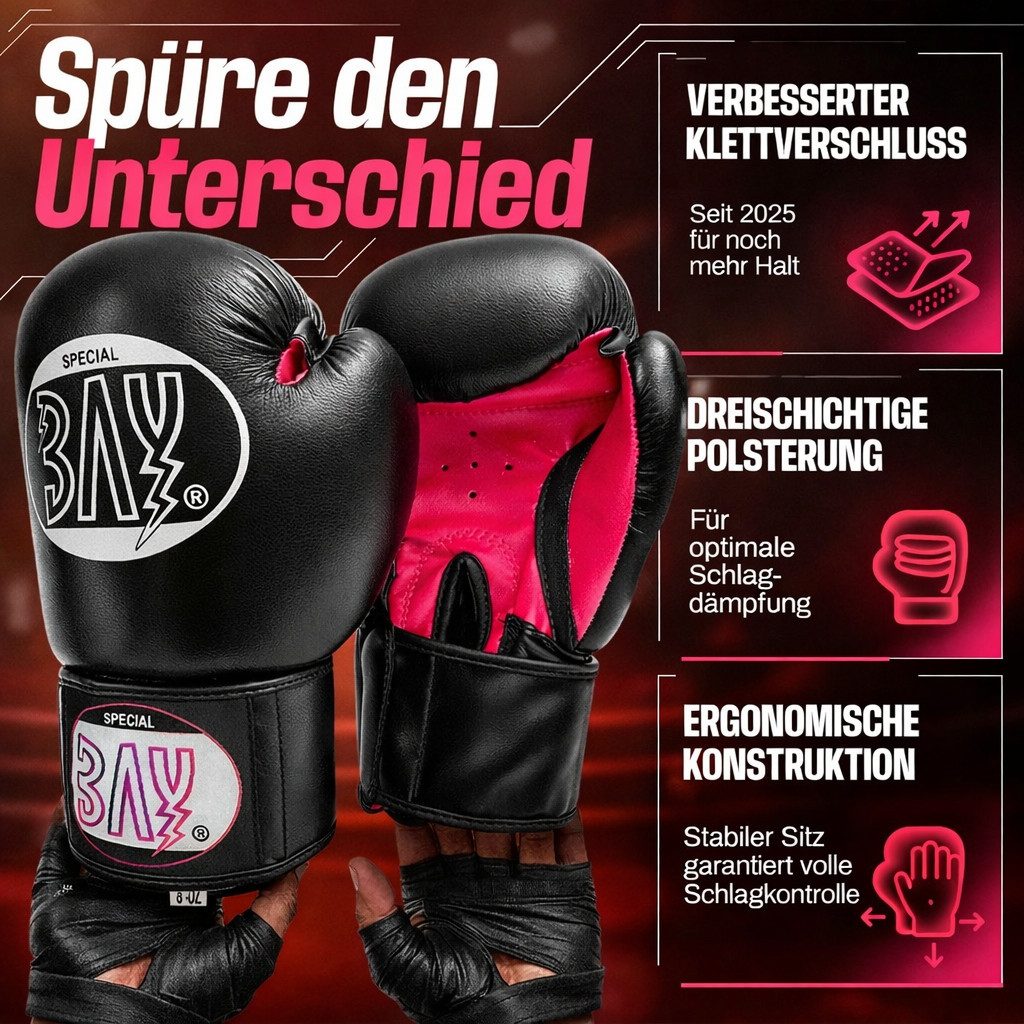 BAY-Sports Boxhandschuhe Future Box-Handschuhe schwarz/pink Boxen Kickboxen (Paar, Paar), 8, 10 und 12 Unzen, besonders stabil und komfortabel