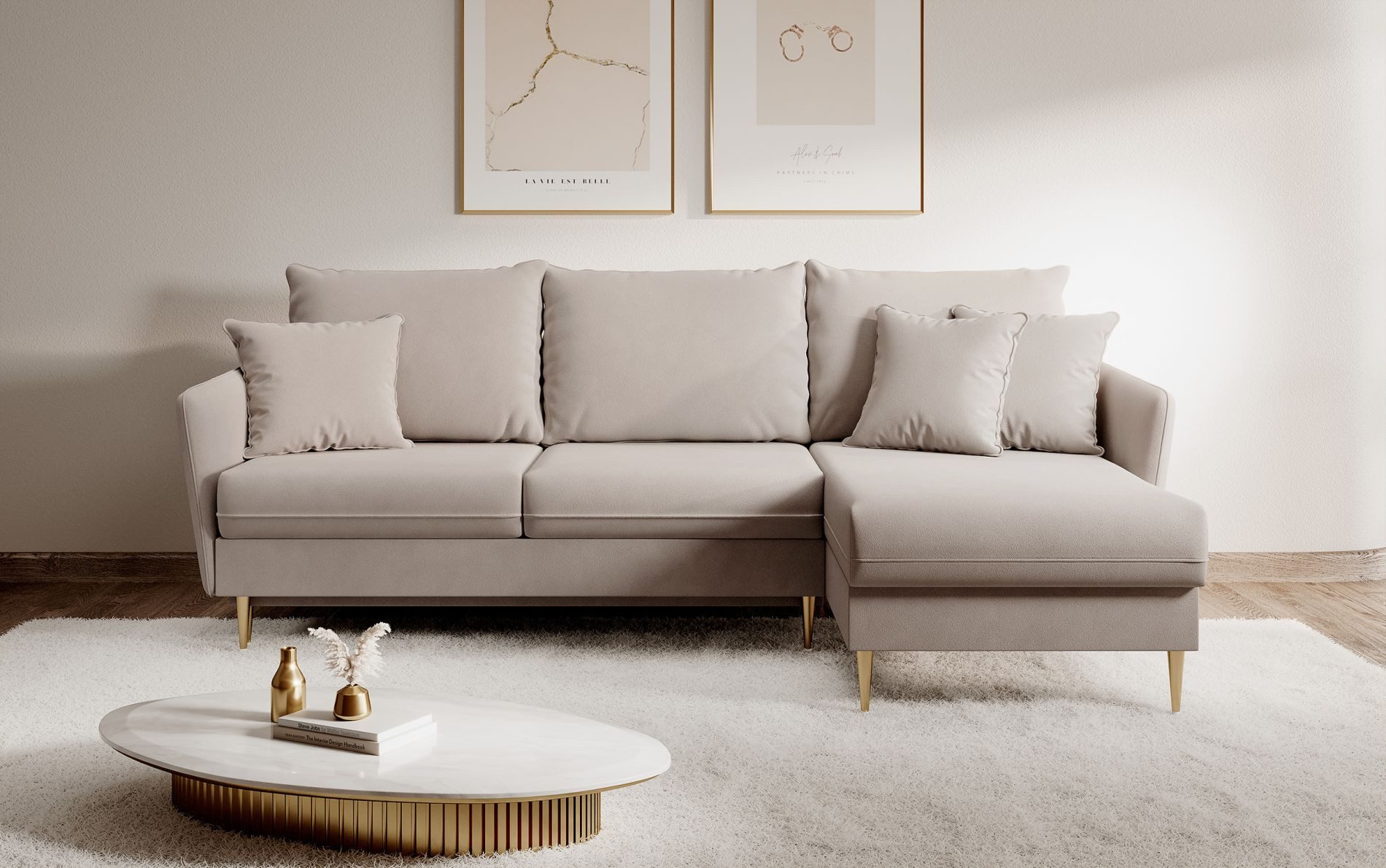 Selsey Ecksofa VOLIO, Schlaffunktion, Bettkasten, luxuriöser Samt-Look, Goldfüßen, 223 cm