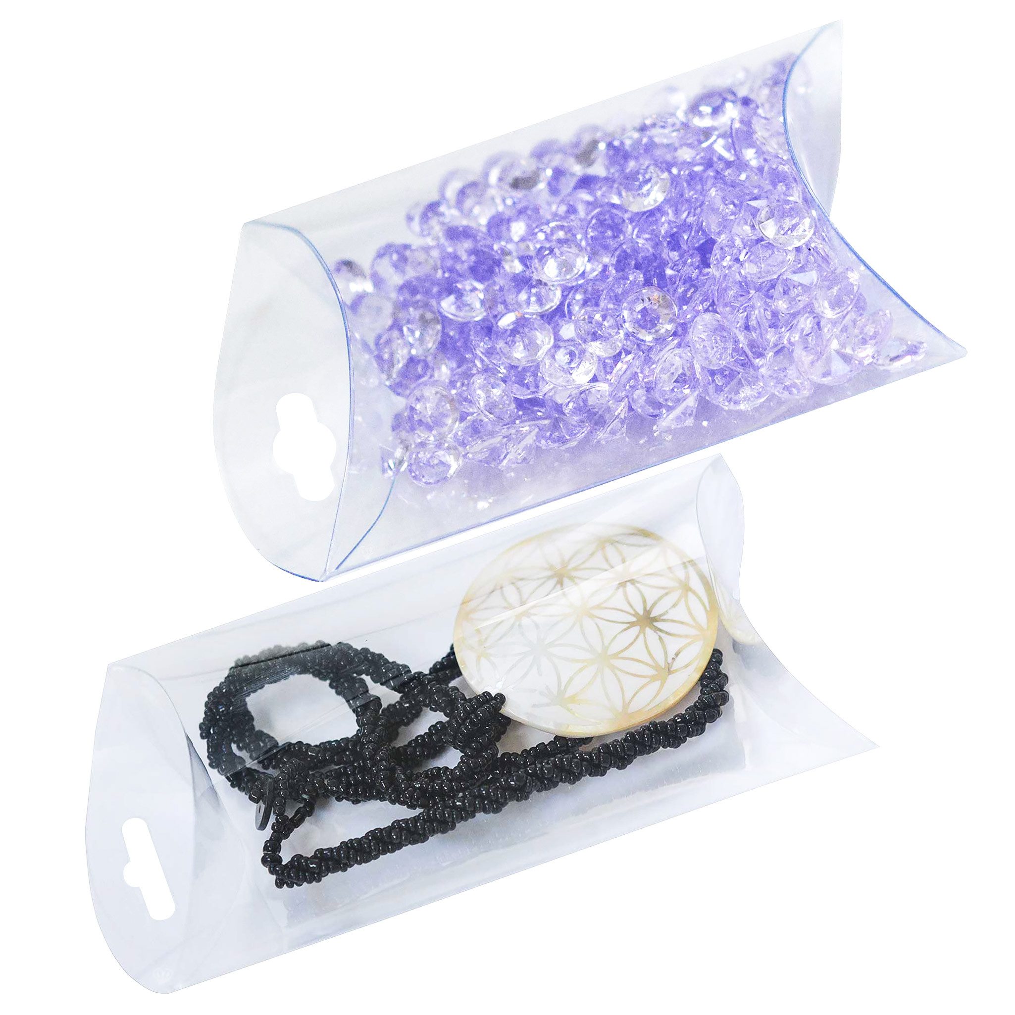 maDDma Geschenkbox 50 transparente Kissenboxen mit Lochung Geschenke Sichtverpackung (50er Pack, 50 St), 8.5 x 5 x 1.5 cm
