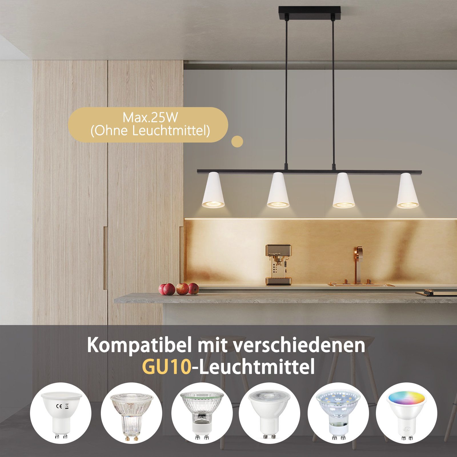ZMH Pendelleuchte Esszimmer 4/6 Flammig GU10 Modern Hängeleuchte Wohnzimmer Flur, ohne Leuchtmittel, 150CM Schwarz-Weiß Esstischlampe hängend Industrial Küche – Bild 4 von 5
