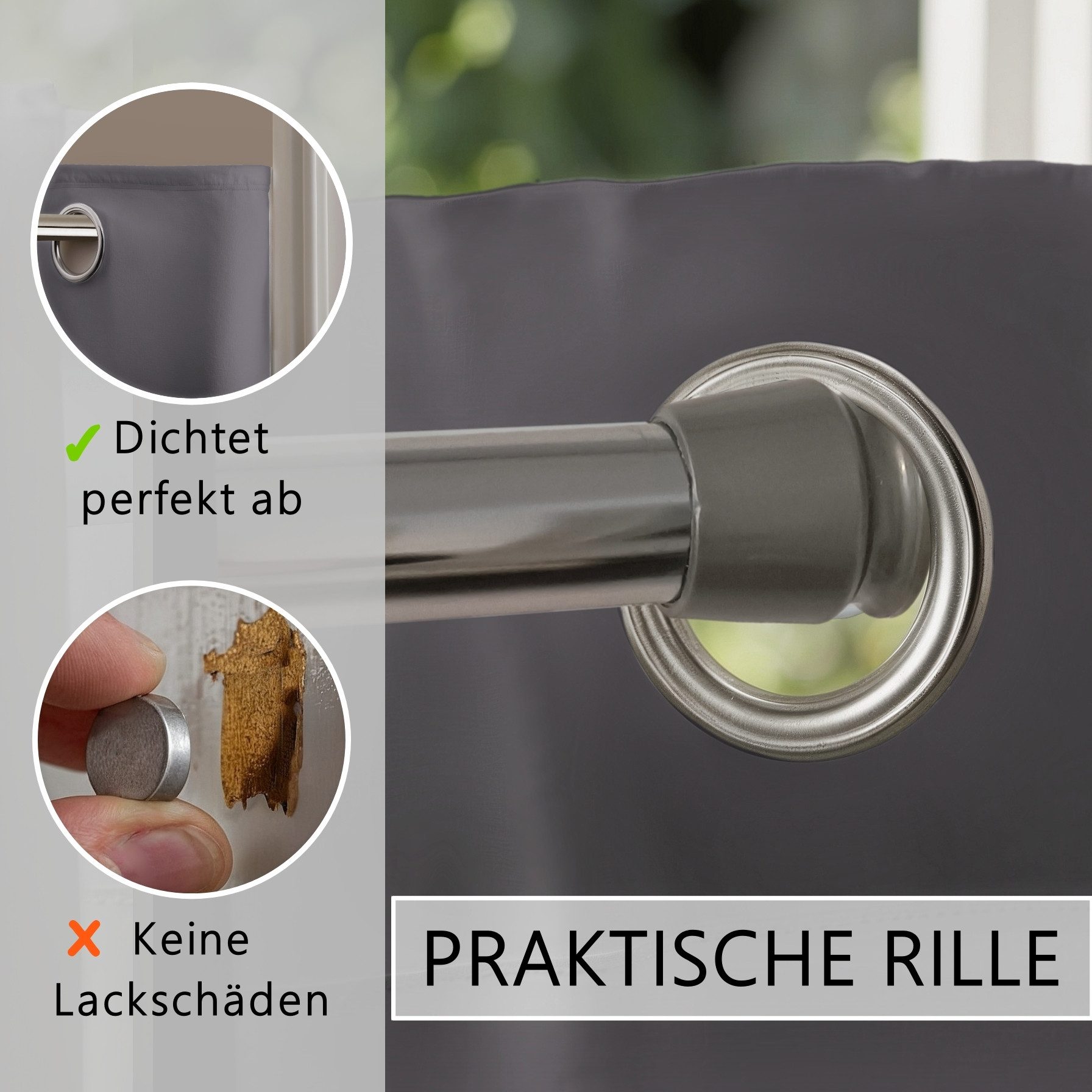 tinycurtains Türvorhang mit Stange silber 70-120 cm Thermo Vorhang ohne Bohren, mit Magneten, Ösen, abdunkelnd, Polyester, grau Nebula, Türgardine mit Klemmstan – Bild 5 von 5