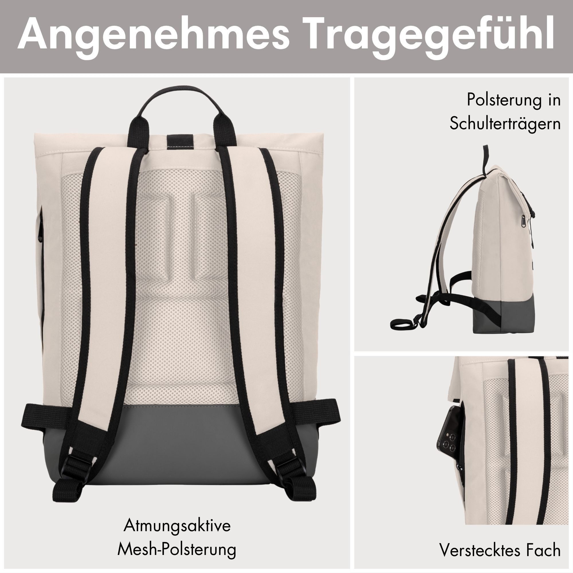LARKSON Cityrucksack TAMMO, Rolltop Damen Herren, Laptop Fach (1-tlg), Flexible Größe, Wasserabweisend