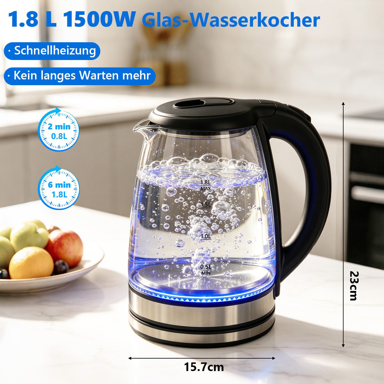 OZAVO Wasserkocher glas edelstahl 1.8L mit LED-Beleuchtung, 100% BPA Frei, 1500 W, 360° Edelstahl Sockel,Trockenaufschutz